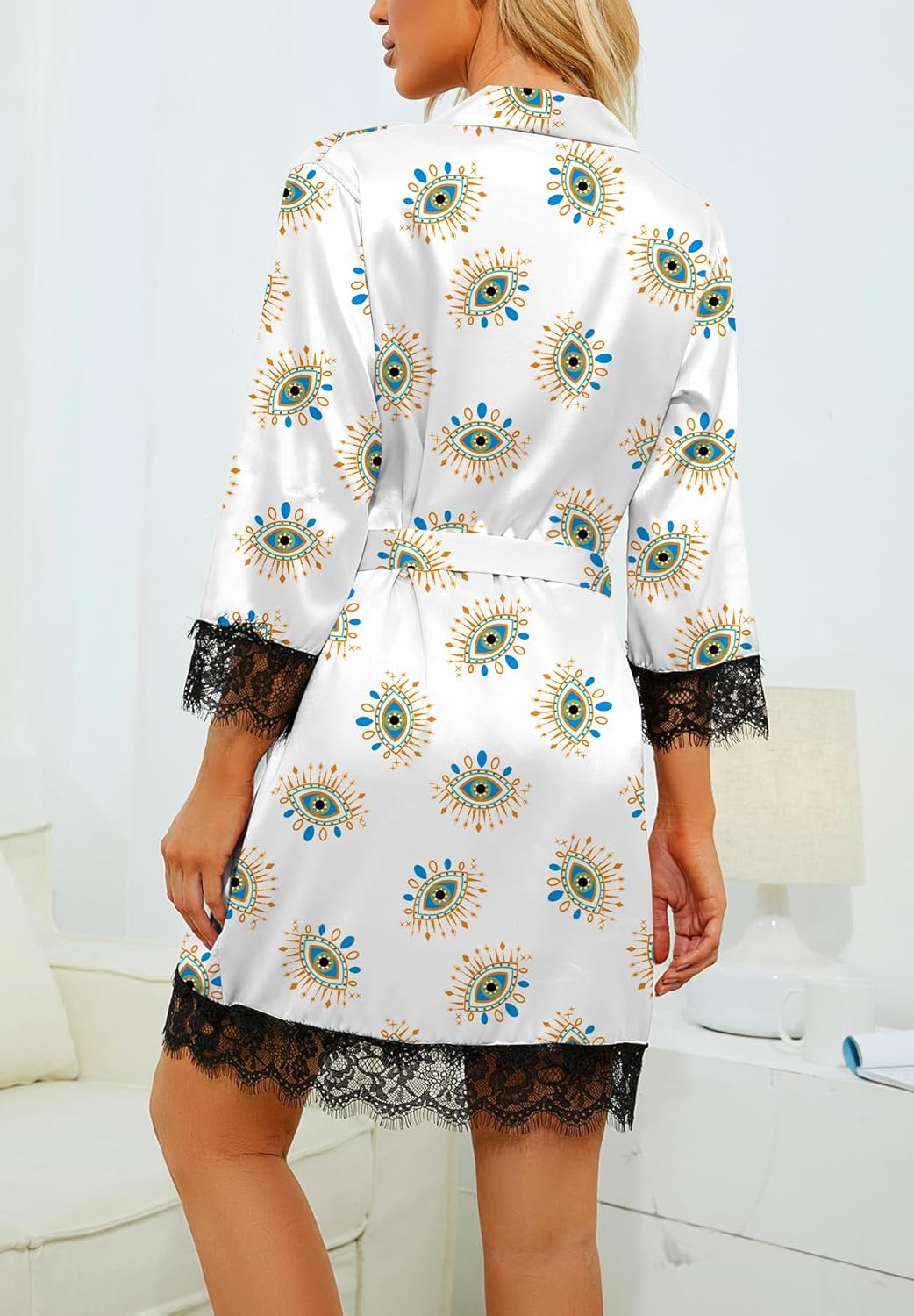 LYANER Women's 4pcs Sleepwear Satin Floral Lace Trim Cami Pajama Set with Robe - Image 3