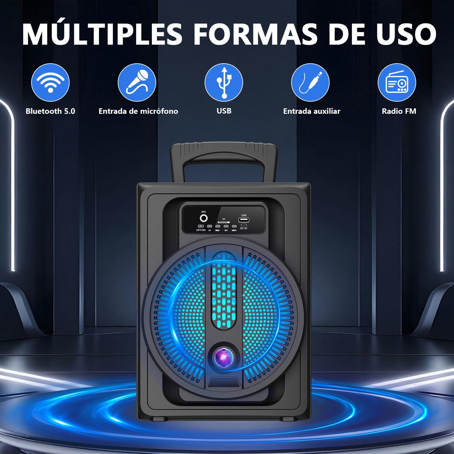 Multiple connectivity options: Bluetooth, Microphone, USB, AUX, FM Radio