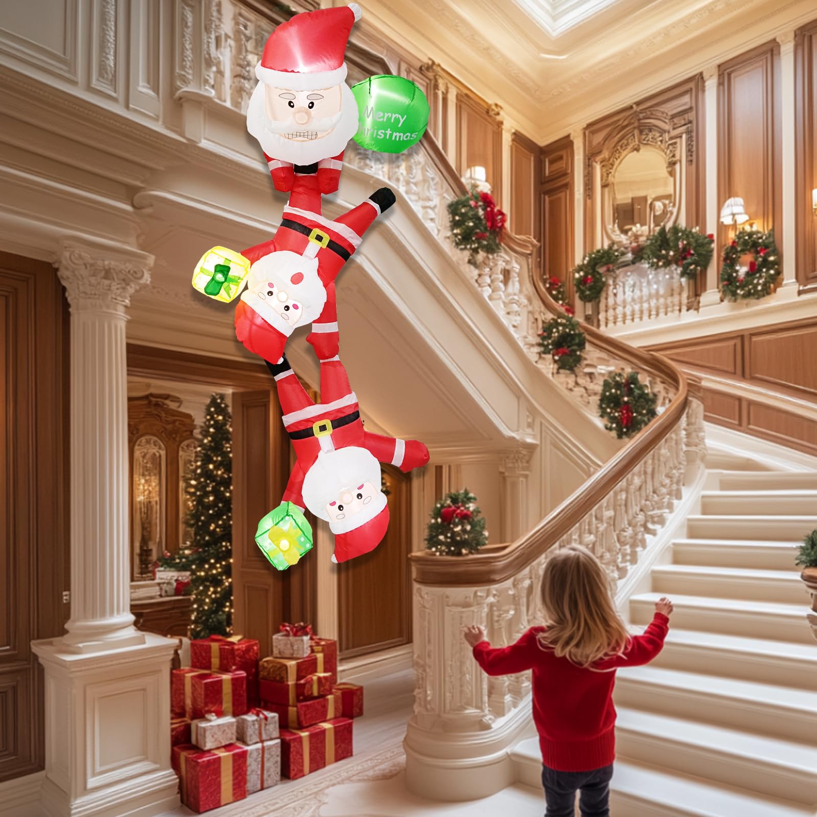 Decorazione natalizia gonfiabile, illuminata, adatta per Natale, interni ed esterni, decorazione da giardino (2,4 m, set gonfiabile Babbo Natale che si arrampica