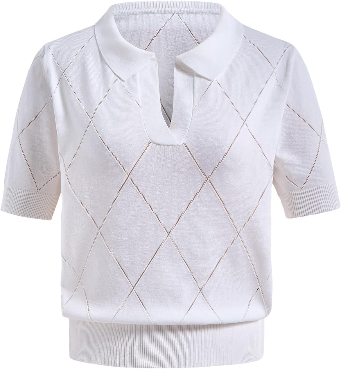 Women's Summer Collar V Neck T Shirt Elegant Short Sleeve Hollow Out Knit Work Office Tops