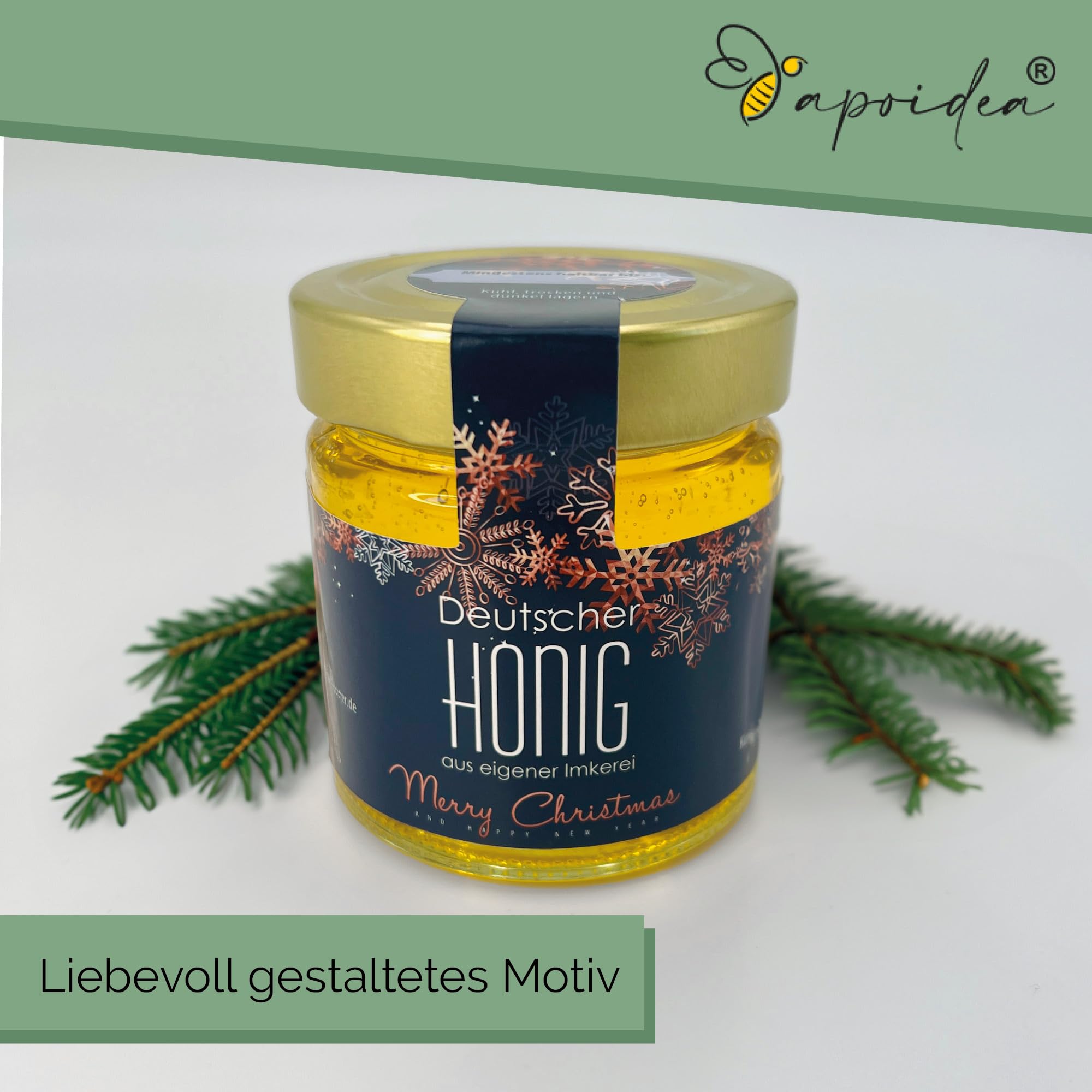 Apoidea – Honig Etiketten 500g mit Weihnachtsmotiv & Gewährverschluss selbstklebend & personalisierbar - 300 Stück/Etiketten Honiggläser/Honig Aufkleber für selbstgemachten Honig/Honigetiketten