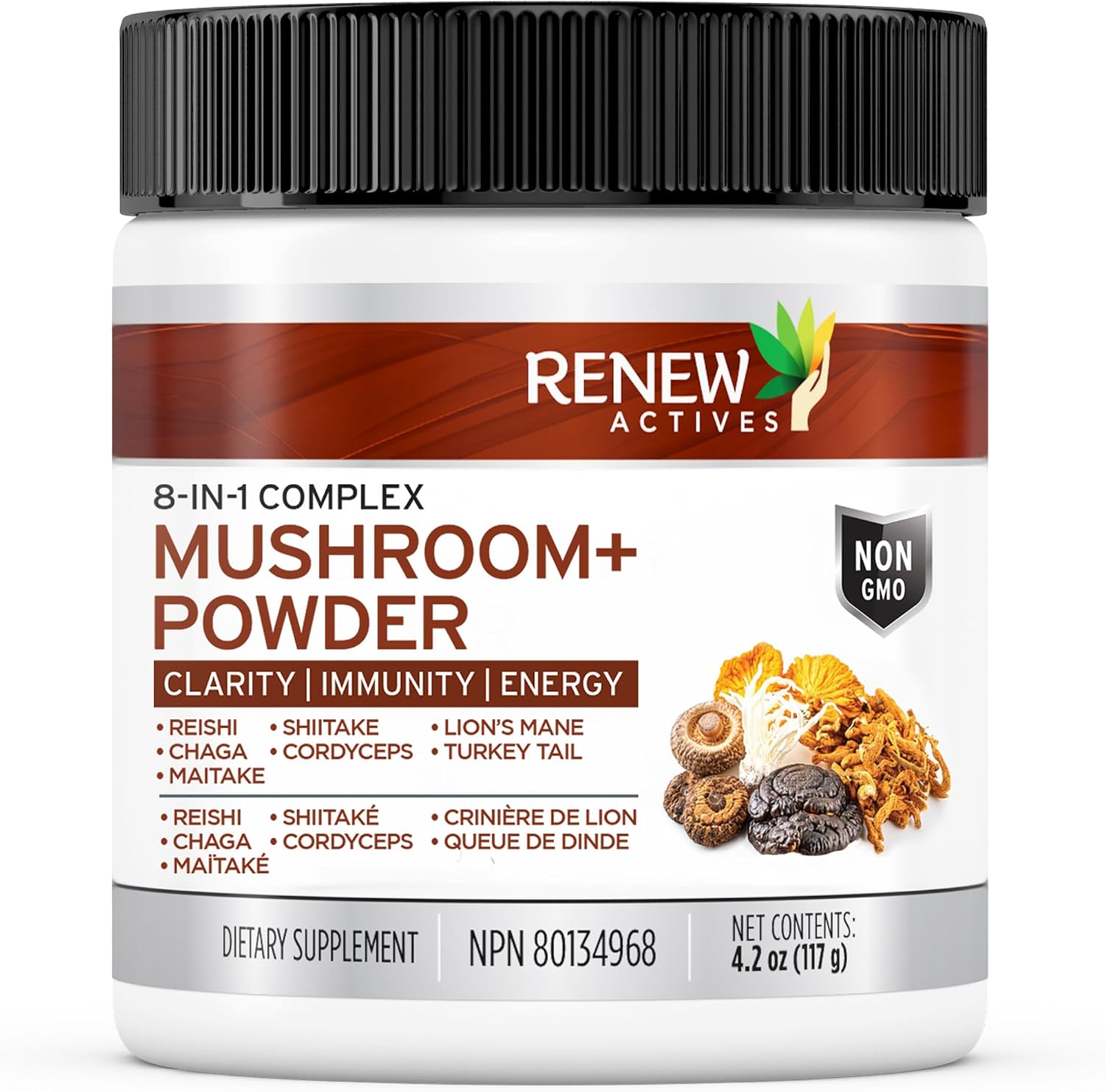 Organic Renew Actives 8-in-1 Complex Mushroom Powder – Lion’s Mane, Reishi, Chaga, Turkey Tail, Cordyceps, Shiitake, Maitake – Supports Memory, Focus, Immunity & Natural Energy – Antioxidant Rich – Easy-to-Use Powder – Non-GMO
