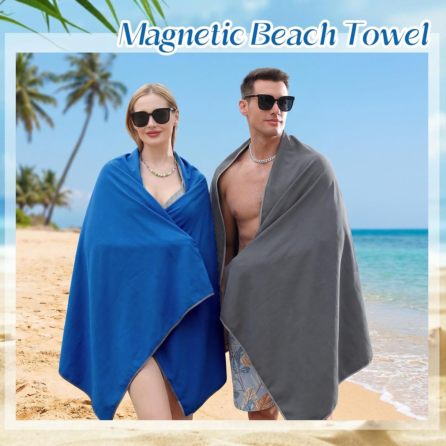 Tegeme 2 Pcs Outdoor Magnetic Beach Towel 30"x75" Microfiber Beach Bath Towel with Magnetic Corners for Swimming Pool Travel Gym Camping (Dark Gray,Royal Blue)