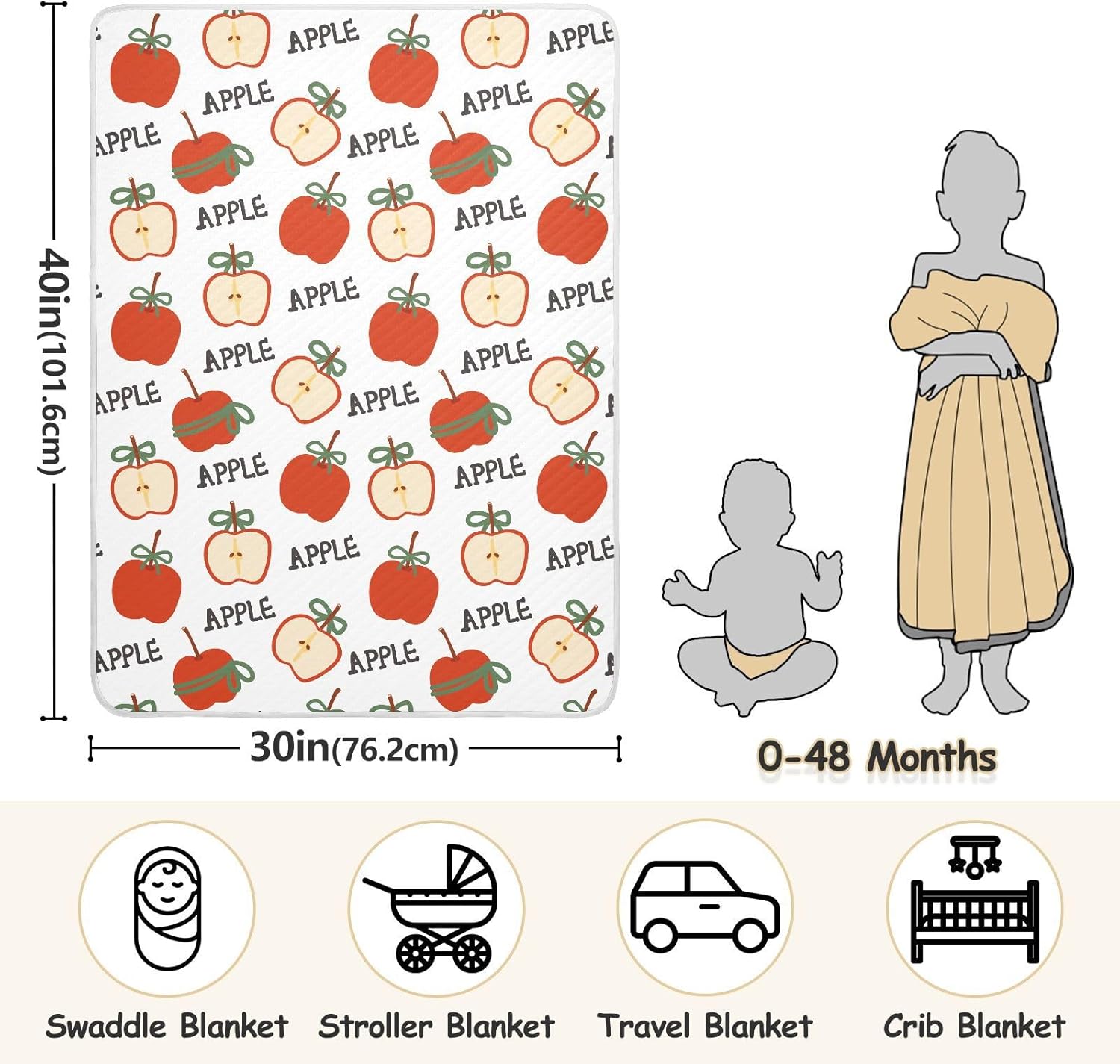 Cute Apples Bow Cartoon Baby Swaddle Blanket for Boys and Girls, Muslin Baby Receiving Swaddle Blanket, Soft Cotton Nursery Swaddling Blankets for Newborn Toddler Infant