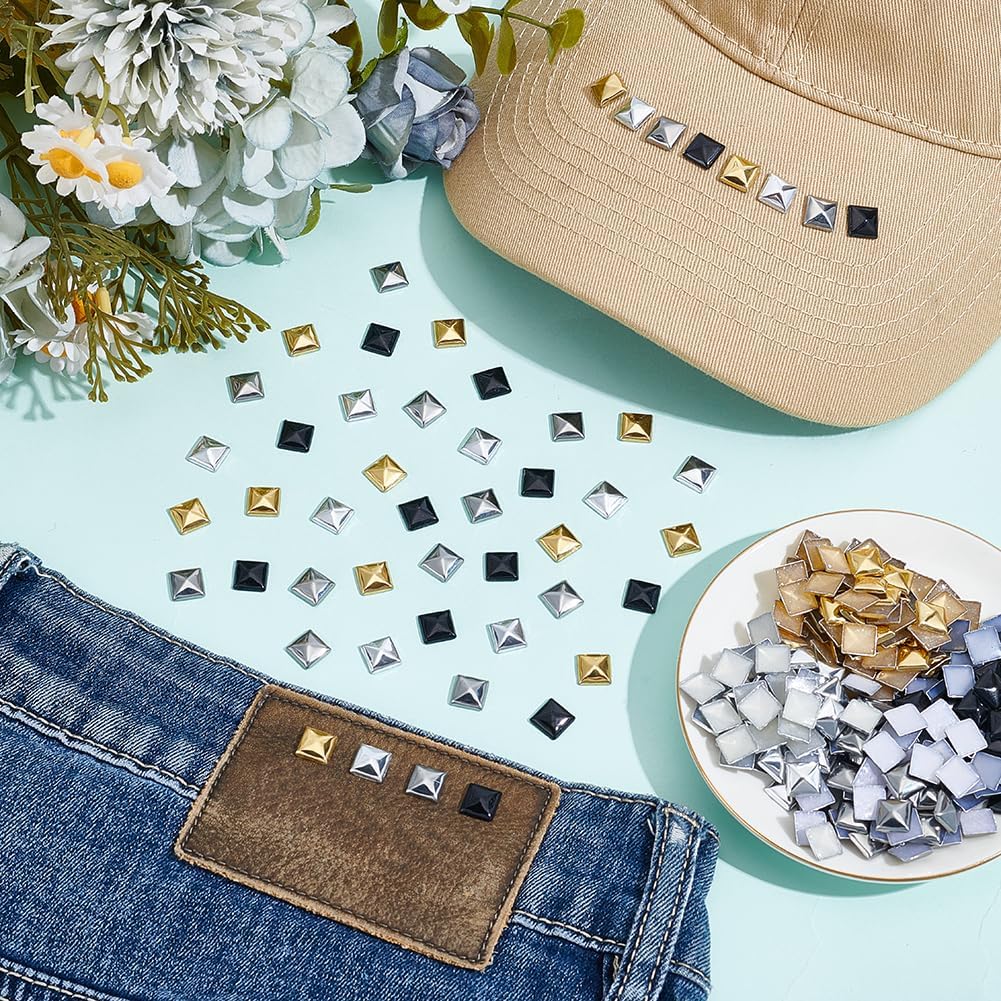 NBEADS 340 Pcs 4 Colors Hotfix Pyramid Studs, 8mm Square Aluminum Flatback Iron On Studs No-Sew Punk Rivets for Leather Jackets Bags Shoes DIY