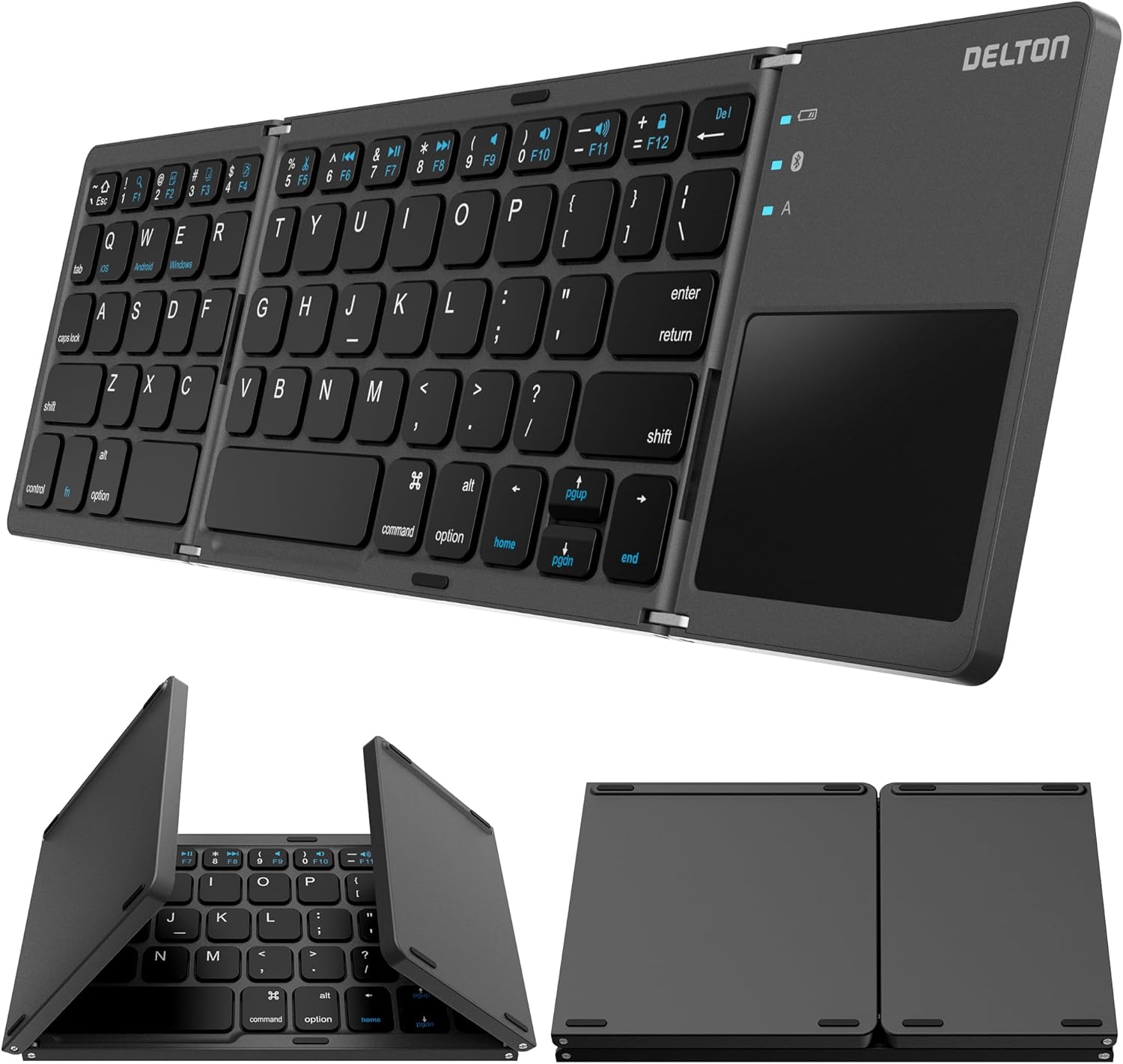 Delton F75 Foldable Bluetooth Keyboard with Touchpad, Compact and Portable Design, Rechargeable Wireless Keyboard, Compatible with PC, Laptop, iMac, Tablets & Smartphones – Black