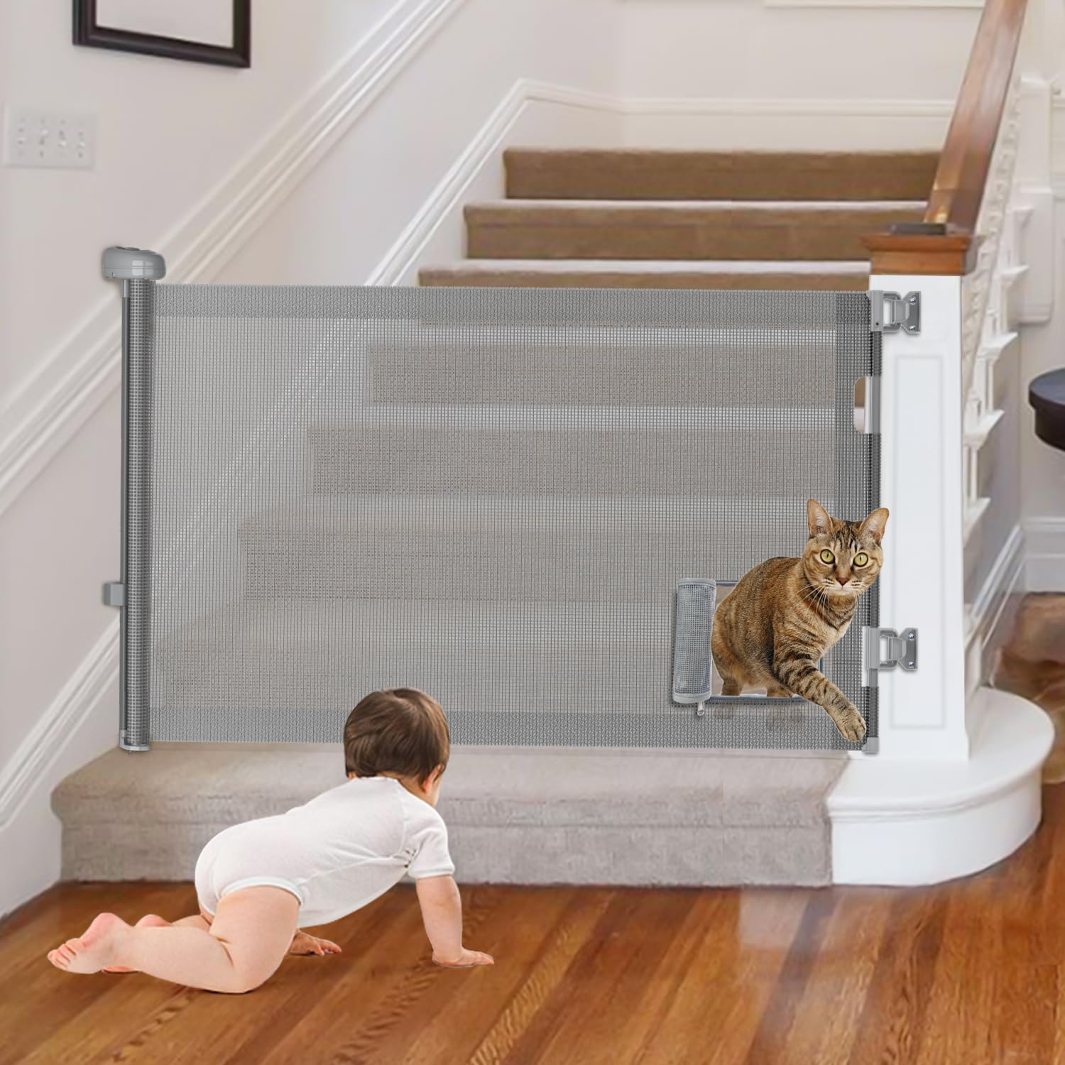 Retractable Baby Gates, Pet Gate with Cat Door - 33" Tall, Extends to 55" Wide Dog Gate for Stairs, Mesh Baby Gate with Door for Cats/Small Dogs, Easy Install for Doorways, Indoor &Outdoor