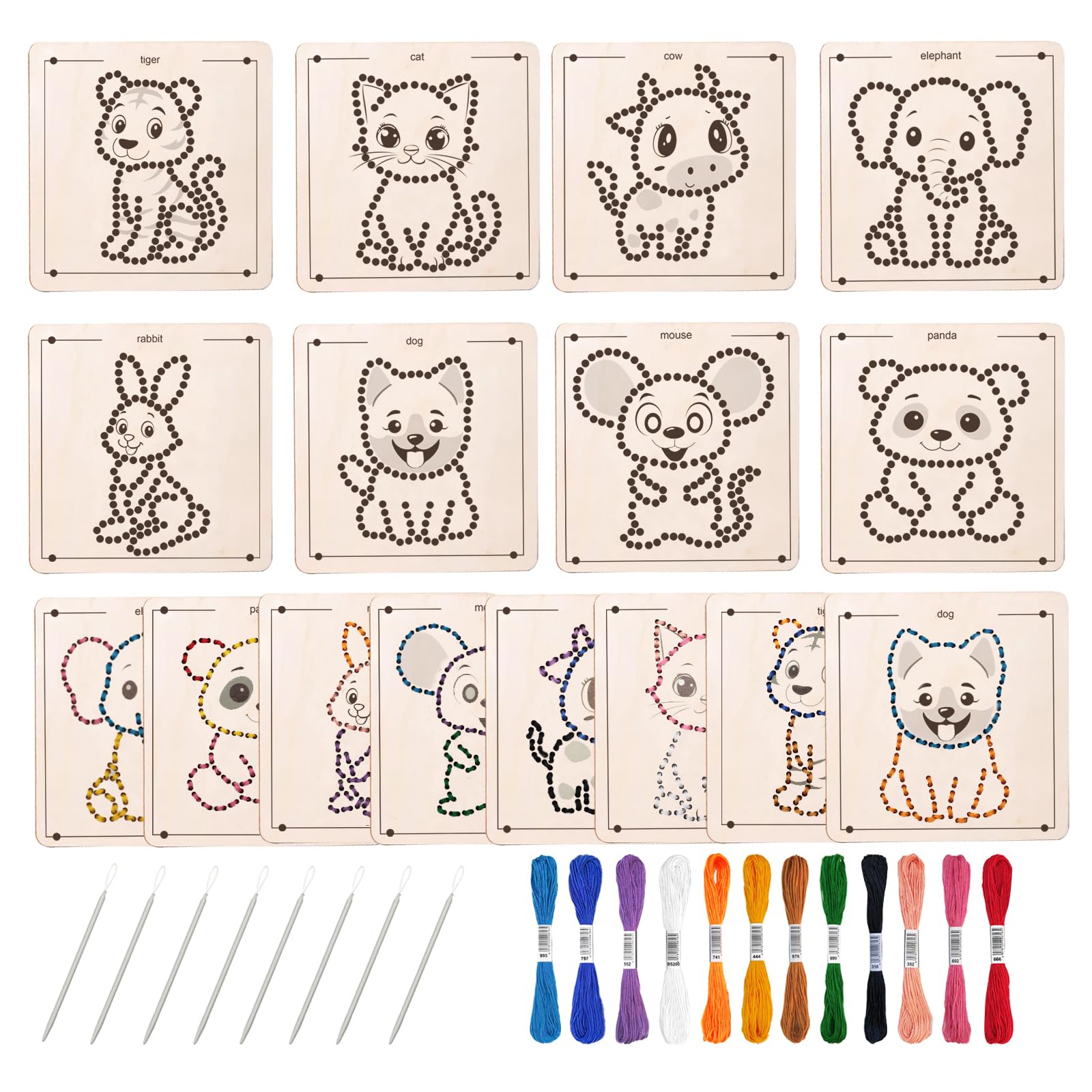 Ukontagood 16 Pack Montessori Wooden Lacing Toys, Sewing Kit Fine Motor Skill Busy Board, Sewing Lacing Weaving Wooden Boards for Toddlers and Kids