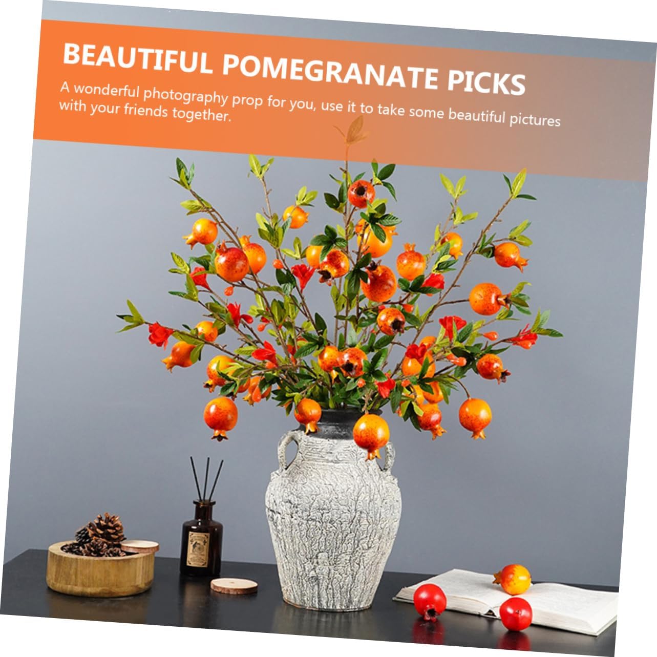 Cabilock Artificial Pomegranate Branches 2pcs Simulated Pomegranate Stems Elegant Home Decor Easy to Arrange Flower Arrangement