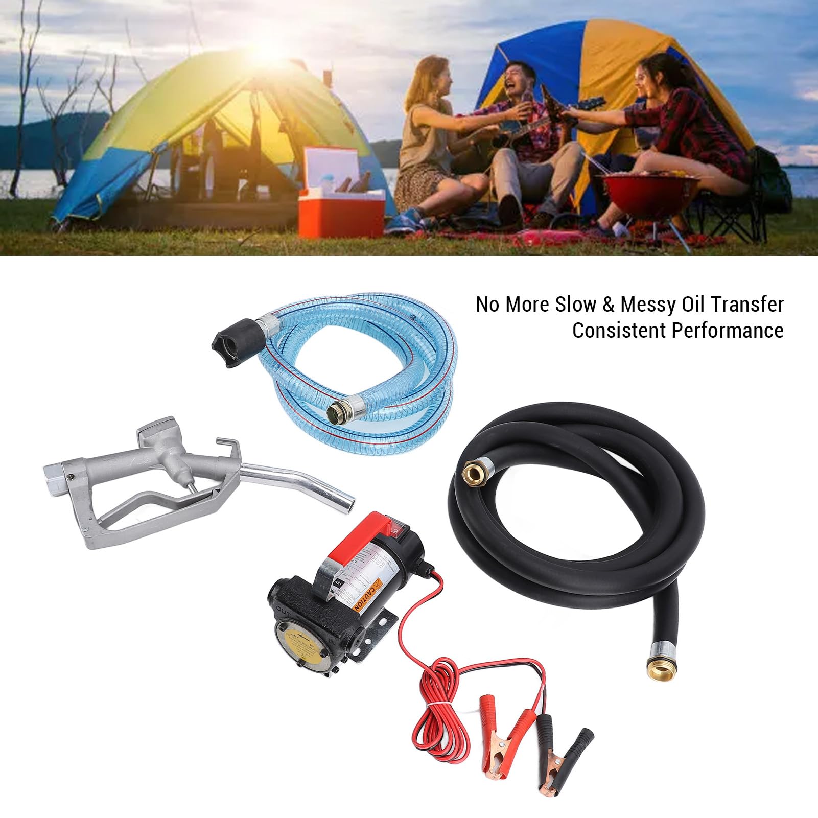 Zestaw Elektrycznej Pompy Paliwa 12 V, Guma PVC, Stalowa Pompa do Przetaczania Paliwa, 155 W z Wężem Wlotowym o Długości 2 M, Wężem Wylotowym i dyszą o Długości 4 M, do Pojazdów
