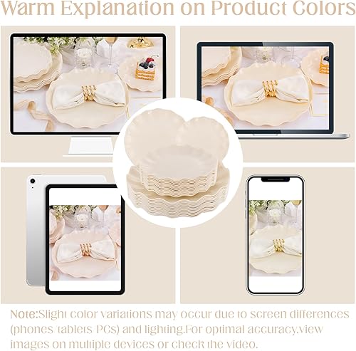 Miniatura 9 de LIYH - 24 platos de plástico reutilizables, platos irrompibles, platos de plástico festoneados, aptos para lavavajillas, juegos de platos de marfil,