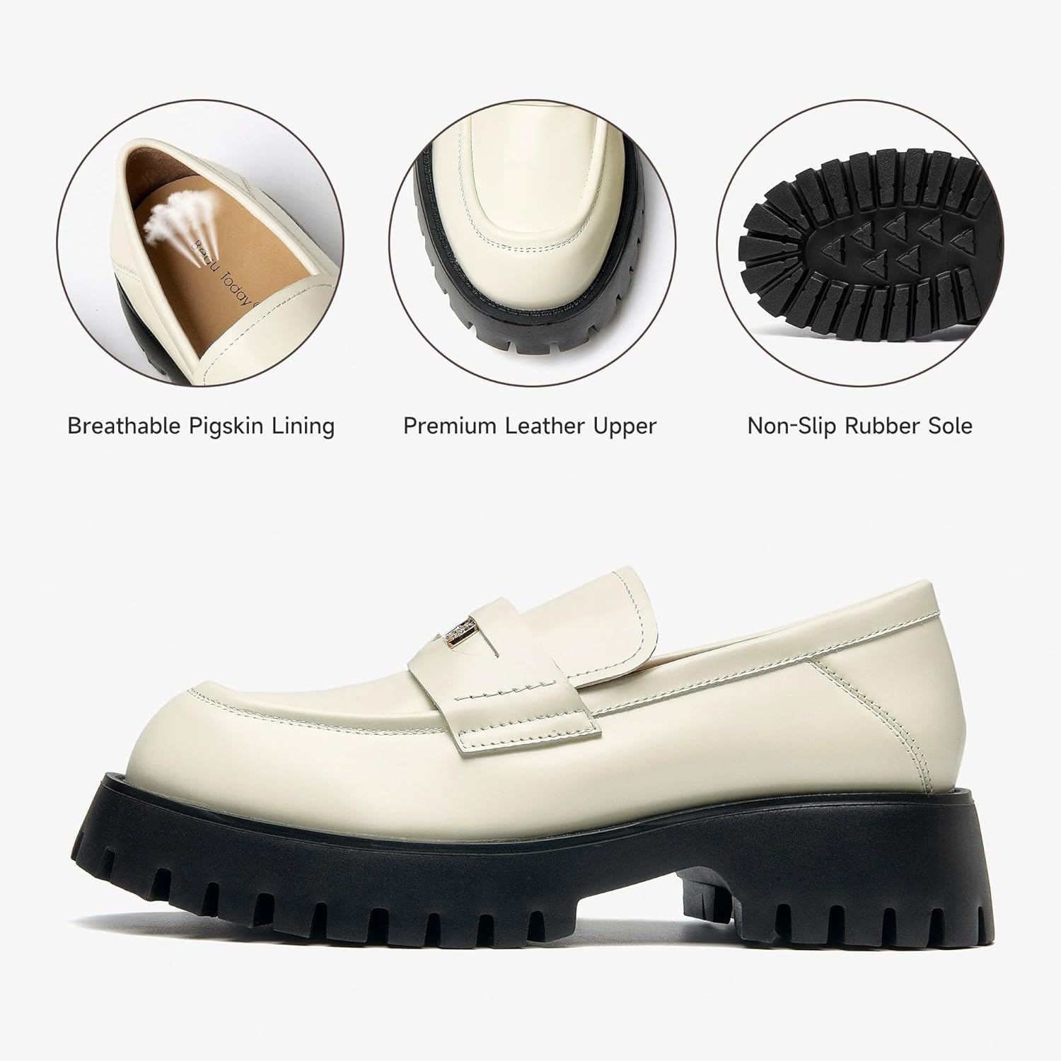 BEAU TODAY Chunky Loafers Women,Patent Leather Platform Loafers for Women,Lug Sole Slip On Penny Shoes,Comfortable Work Office Business Casual Dress Shoes Beige 8.5 - Image 4