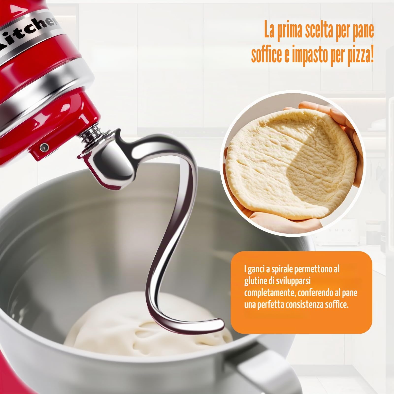 Gancio per impasto a spirale in acciaio inossidabile compatibile con i mixer da banco KitchenAid con testa inclinabile da 4,5 e 5 quarti, design a spirale versatile, impasto efficiente, lavabile in