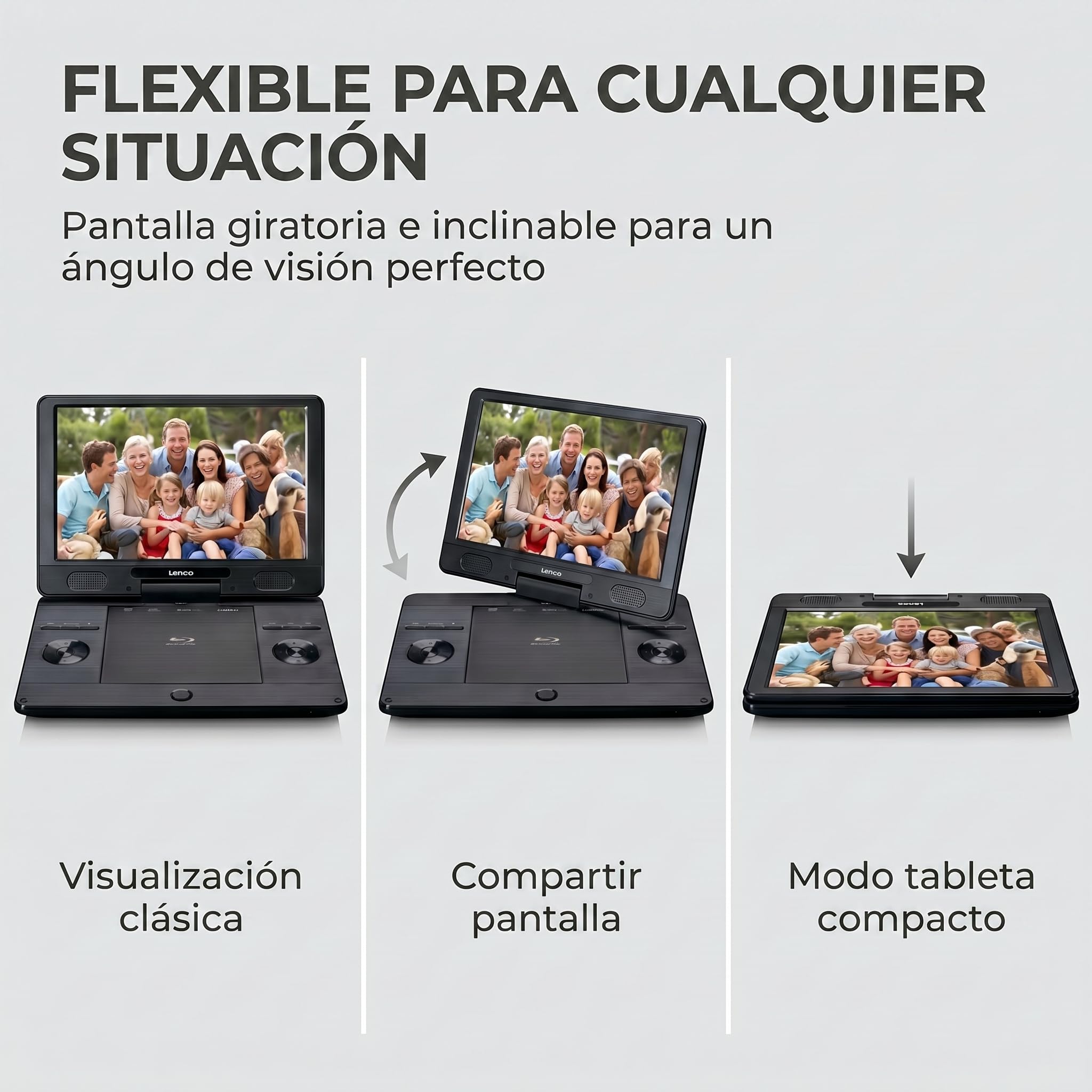 Lenco BRP-1150 - Reproductor de DVD portátil de Blu-ray y Blu-ray (pantalla TFT giratoria de 11,5", 1024 x 600 píxeles, batería integrada, con adaptador de red y de coche, entrada USB