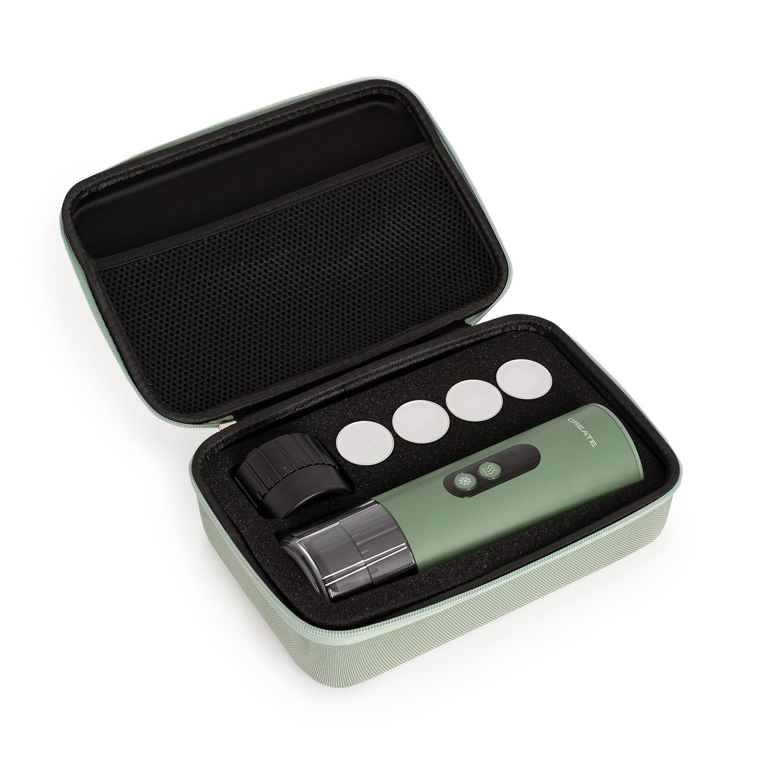 CREATE / THERA MOVE/Portable Espresso Maker with Carrying Case for Capsules and Sage Green Ground Coffee/Cold Brewing and Hot Brewing, 15 Bar, 80ml Capacity, 150W