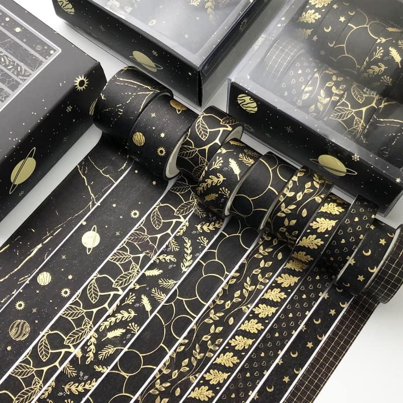 Lakeer10 Rolls Washi Tape Set Golden Foil Decorative Japanese Masking Paper Tape for Scrapbooking, Planners, Card/Gift Wrapping, DIY Decor and Craft Supplies (Black)