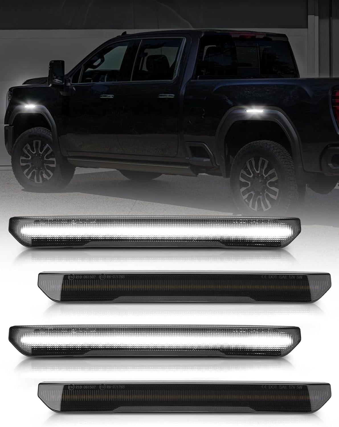 Upgraded White LED Fender Side Marker Light Compatible with GMC Sierra 2500HD 3500HD 2020-2025 Pickup, Front & Rear Side Parking Position Turn Signal Lamp, Smoked Lens LED 4PCS