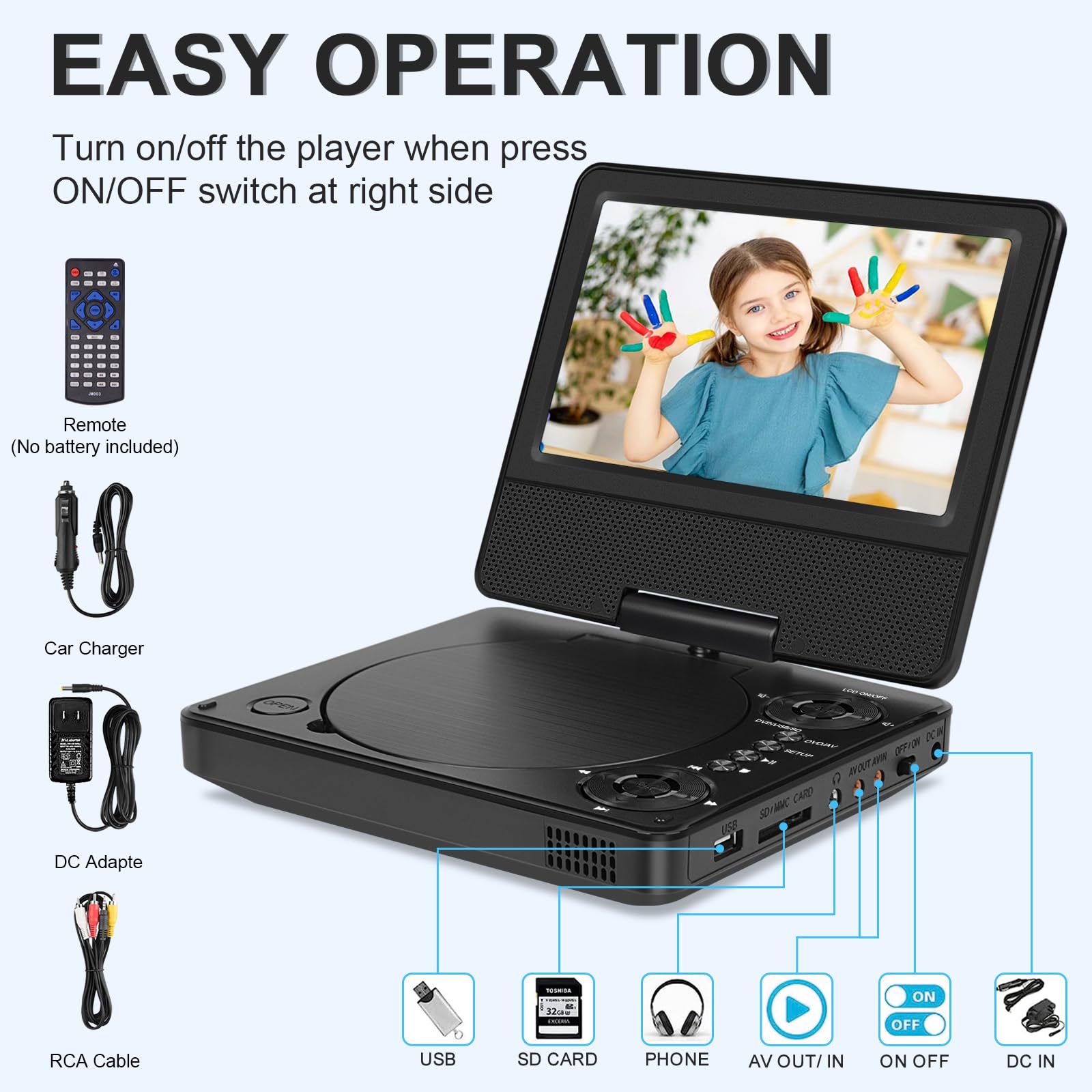 HotHat Lettore DVD portatile con schermo rotante da 7,5 pollici, batteria ricaricabile integrata da 5 ore, lettore DVD per auto e bambini, doppio altoparlante, sincronizzazione TV, Sopor