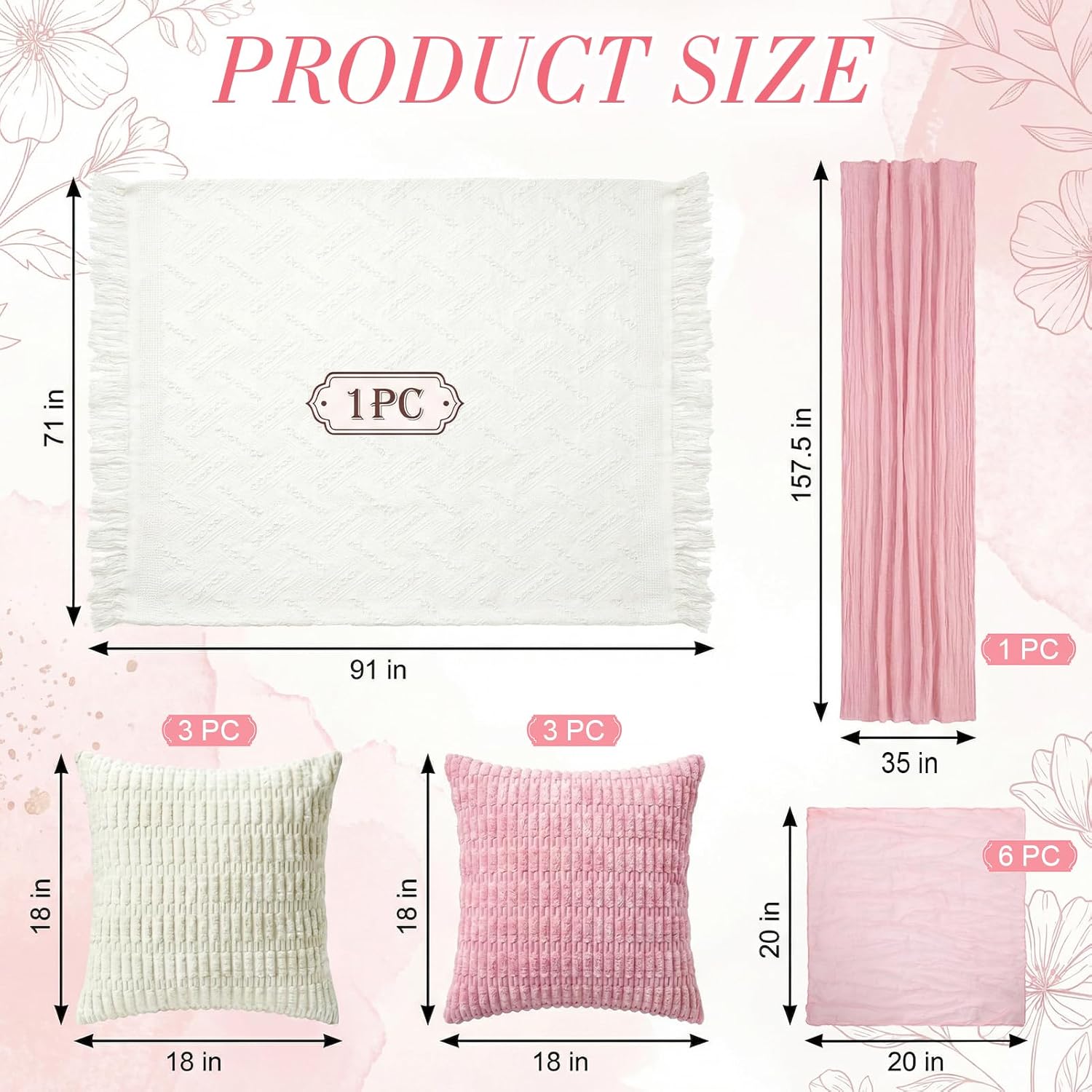 91 x 71 Extra Large Outdoor Boho White Picnic Blanket with Pink Table Runner, 6 Napkins and 6 Throw Pillow Covers Table Decor for Beach Picnic Camp Wedding Party Birthday Baby Shower