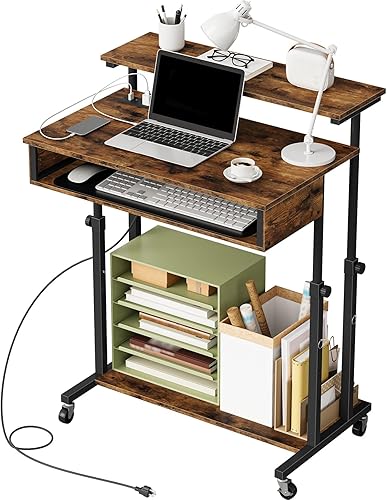 Miniatura 7 de Escritorio para computadora, escritorio de pie sobre ruedas, escritorio con estación de carga, escritorio para laptop de altura ajustable, para sala