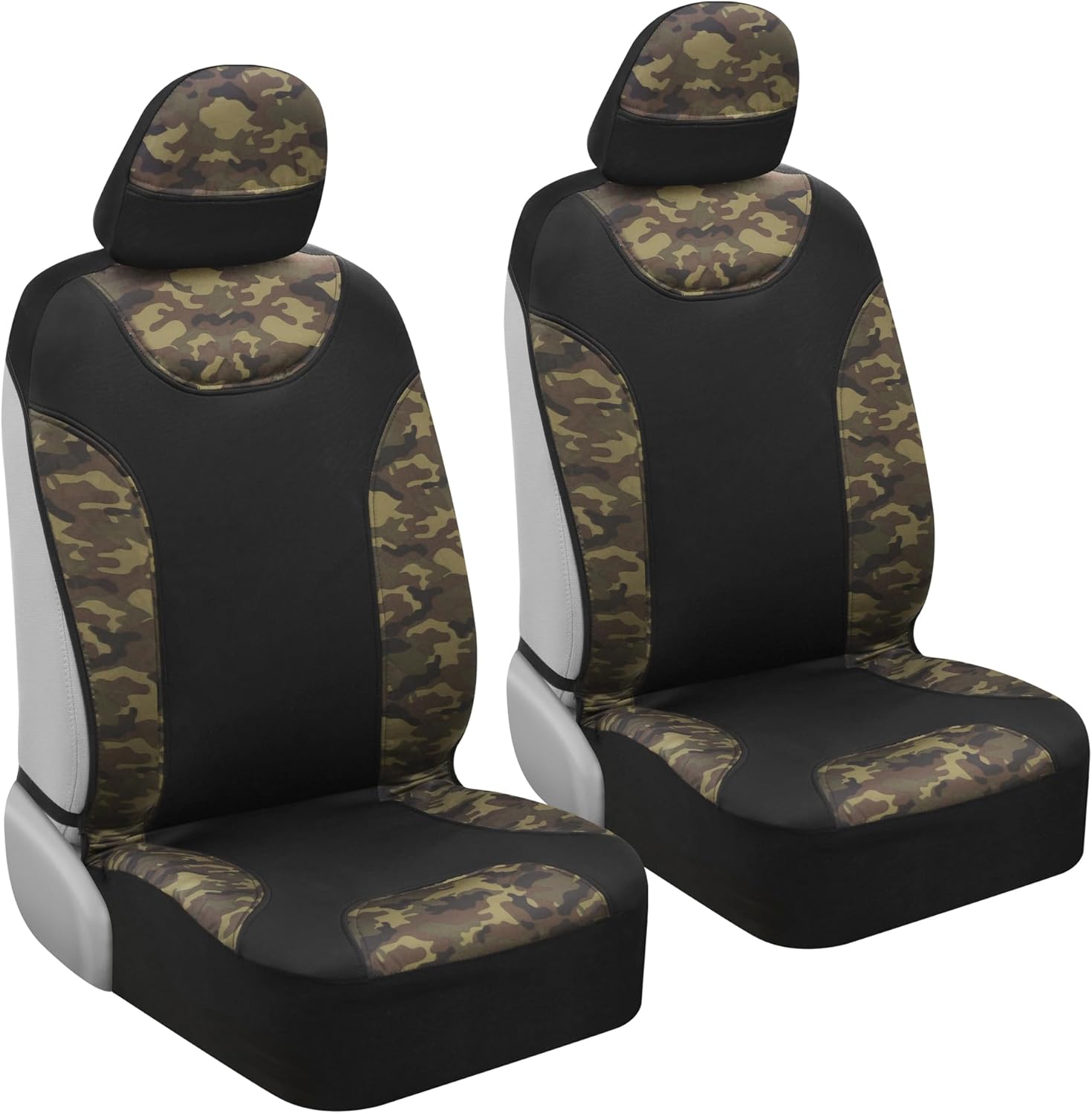 BDK Waterproof Camo Seat Covers for Car Truck Van SUV, 2 Pack – Two-Tone Black & Camouflage, Durable Neoprene Seat Protectors, Sideless Design Compatible with Armrests and Airbags
