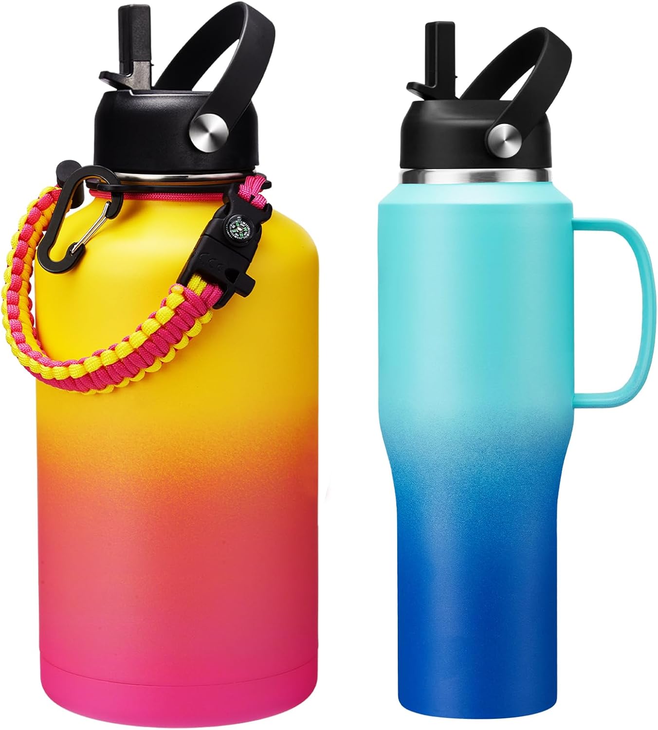 32 oz Water Bottles with Handle that Fit Cup Holders and 64oz Water Flask, Stainless Steel Water Bottle with Straw, Paracord Handle & Sleeve Strap