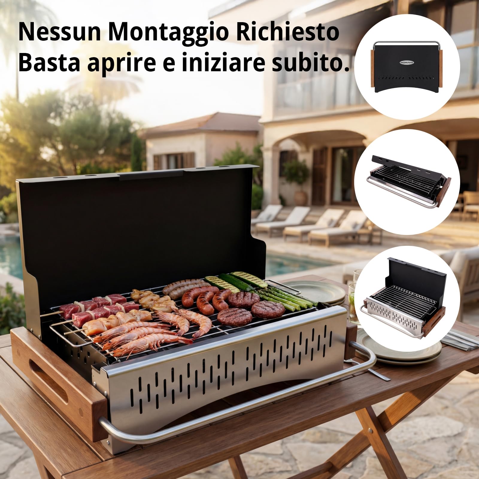Barbecue a carbonella portatile con set utensili, griglia pieghevole 38,15 x 20,95 cm, montaggio senza attrezzi, regolabile 2 livelli, ideale balcone campeggio giardino