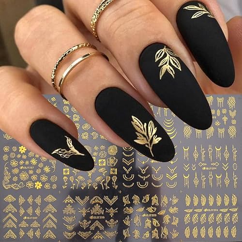 12 Sheets Gold Nail Art Stickers Flower Nail Decal 3D Self Adhesive Flower Leaf Nail Stickers Accessories Bronzing Retro Gorgeous Nail Decals Geometry Line Necklace Designs Nail Supplies For Women Nail Decoration #TOP1