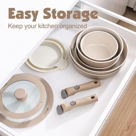 SENSARTE 17 Piece Ceramic Detachable Handle Pots and Pans Set Almond Beige