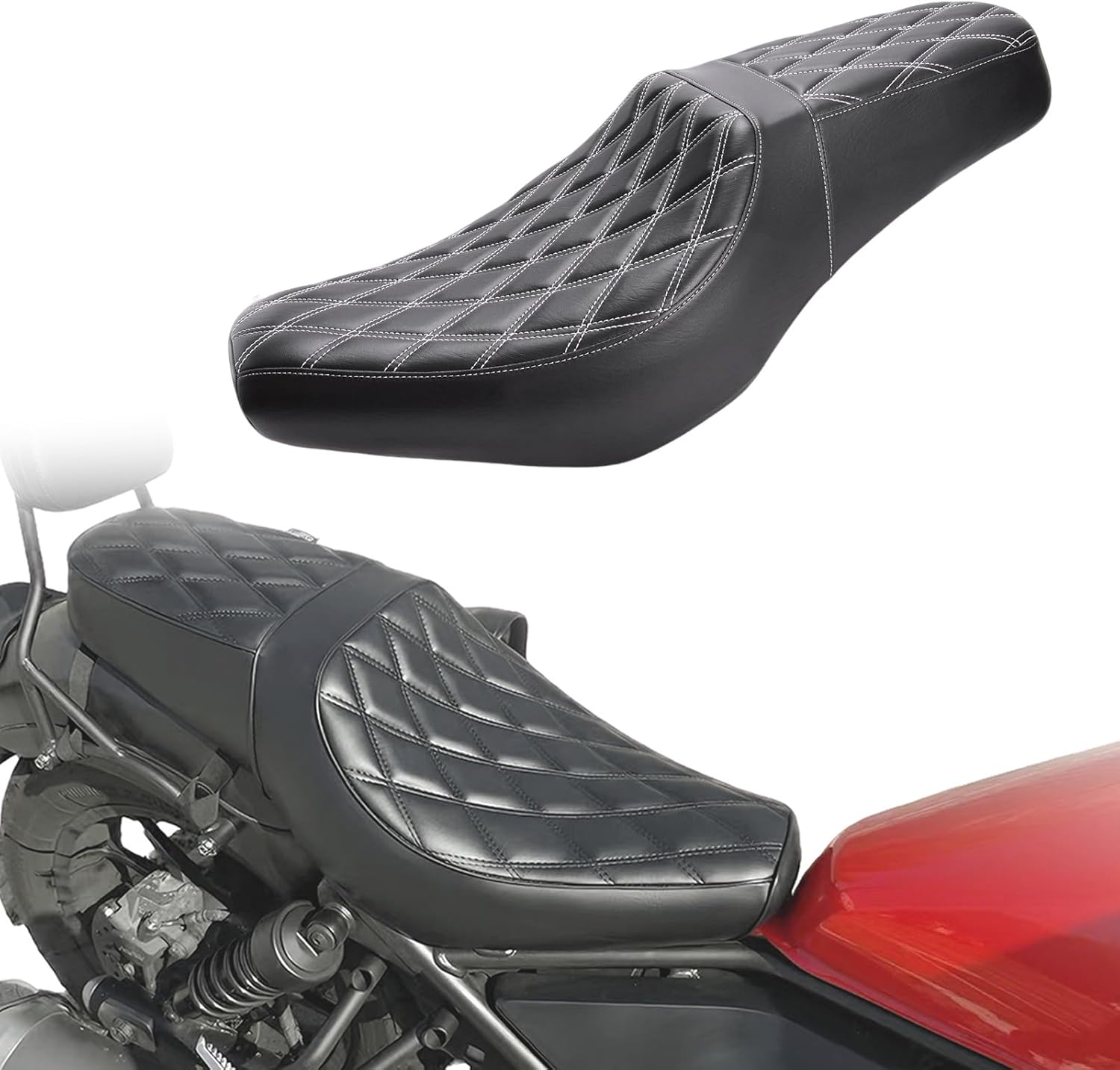 One-Piece Driver and Passenger 2-Up Seat for Honda Rebel CMX300 CMX500 Honda Rebel 300 Rebel 500 Diamond Pattern Stitching with Gel Layer 2017-2026 White