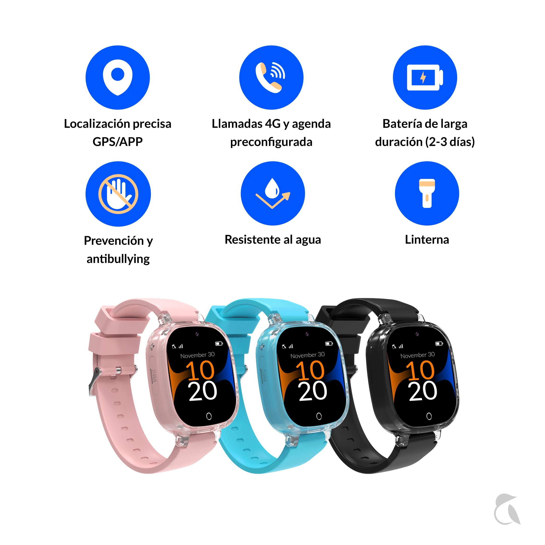 Robin K2 – Reloj Teléfono 4G GPS para Niños | Sin Juegos, Ni Redes Sociales, Ni Distracciones – Llamadas Seguras, Chat, SOS, Modo Clase, Linterna, Podómetro, App Familiar Robin (Sin SIM, Negro)