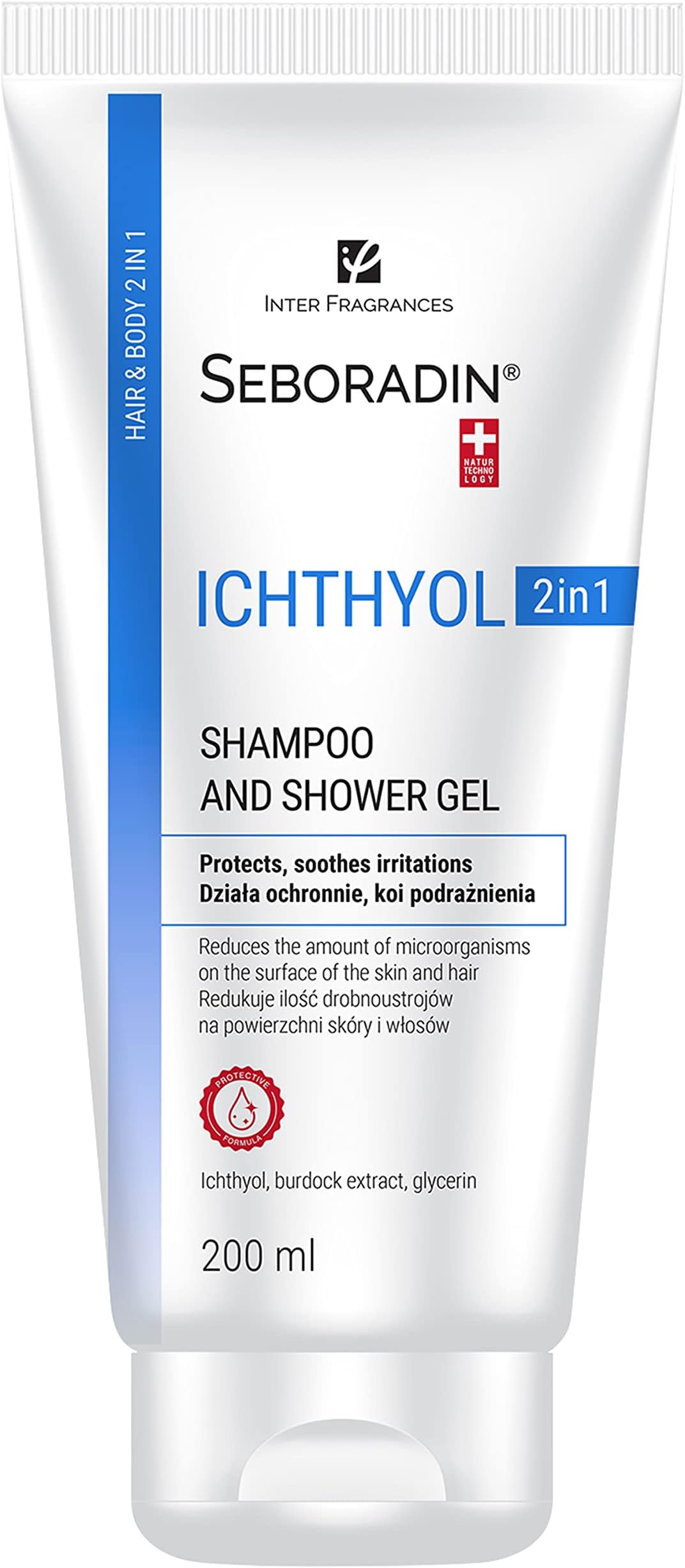Seboradin ICHTHYOL anti-dandruff shampoo and gel for atopic sensitive skin 2 in 1, contains white ichthyol, burdock root extract and glycerine, antibacterial (200 ml)