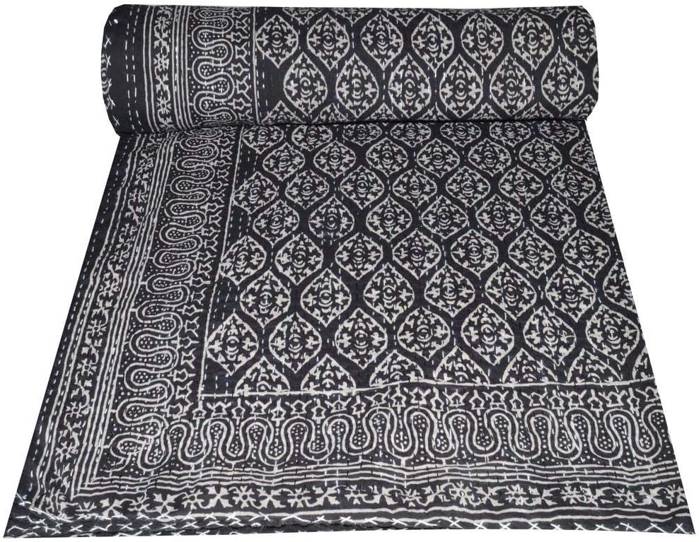Hand Block Print Indian Queen Cotton Kantha Quilt Throw Blanket, 90x108 Inch, Black