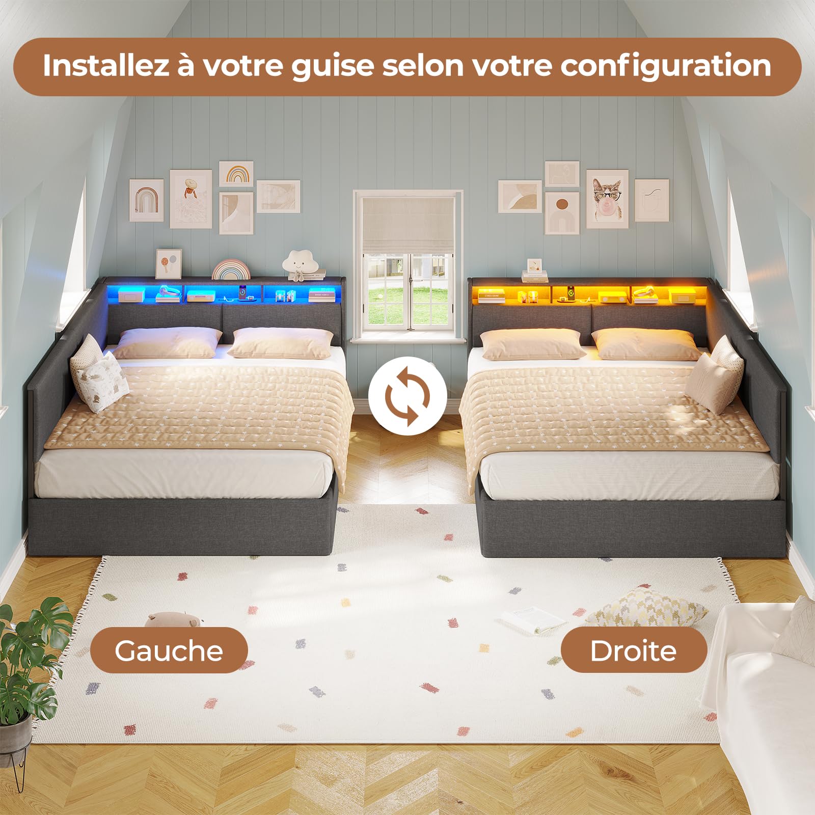 AOGLLATI Canapé lit 140 x 200, Lit Coffre 140 x 200 avec LED et Ports USB, Lit Hydraulique avec Tête de Lit capitonné et Rangement, Lit 2 Personnes avec Lattes en Bois, Lin Gris Foncé(sans Matelas)