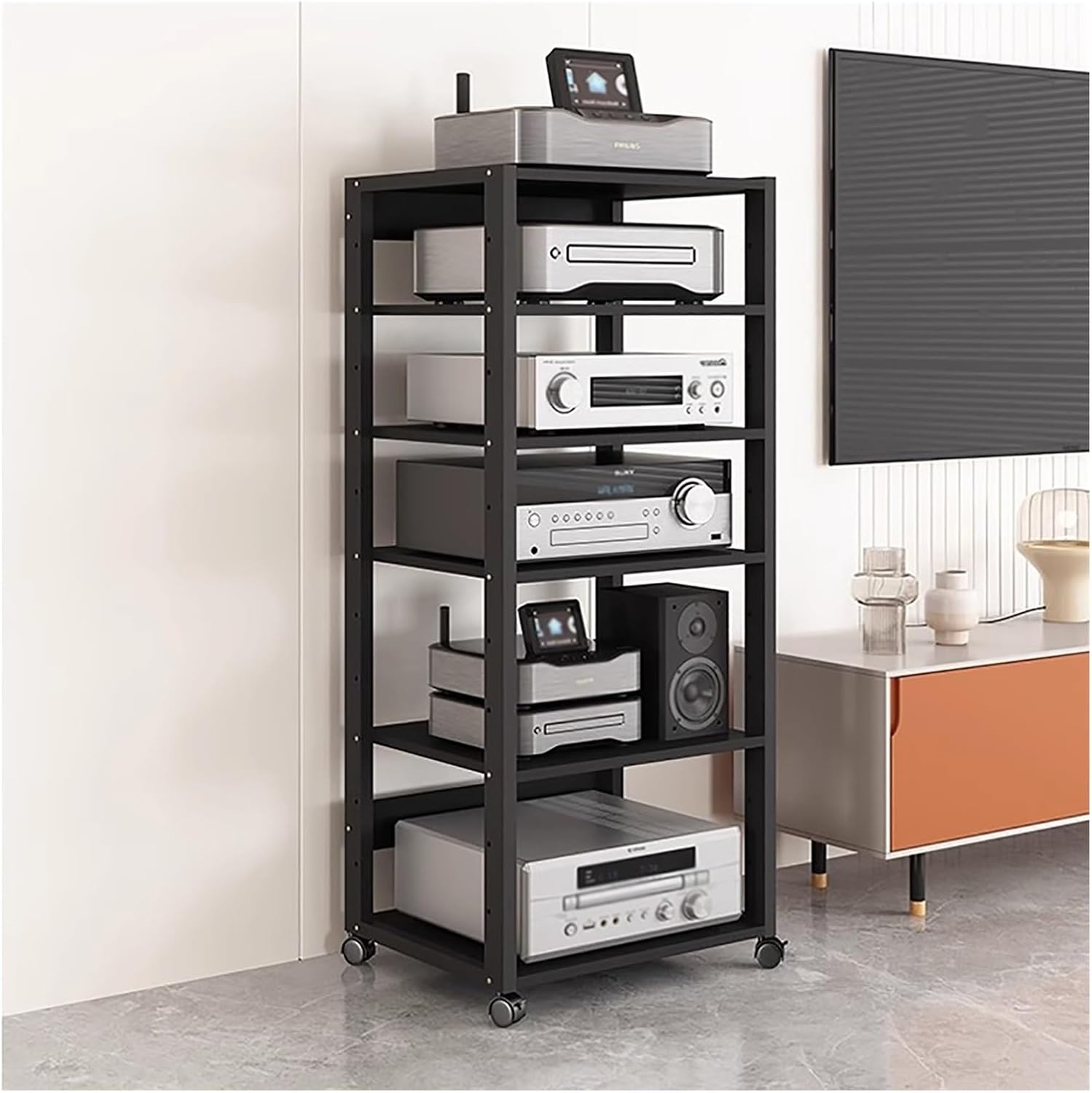 BYZOMU 5/6/7 Tier Audio/Video Rack Cabinet, AV Stereo Media Tower/Record Player Console/Compontent Corner TV Stand/Game Shelve with Adjustable Shelves for Home Office Entertainment Center(6 Tier-2)