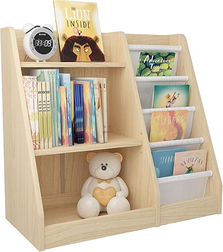 Miniatura 24 de Estantería de madera rosa de 4 niveles para niños, estantería de 5 capas, estante para libros de almacenamiento para bebés, organizador de juguetes