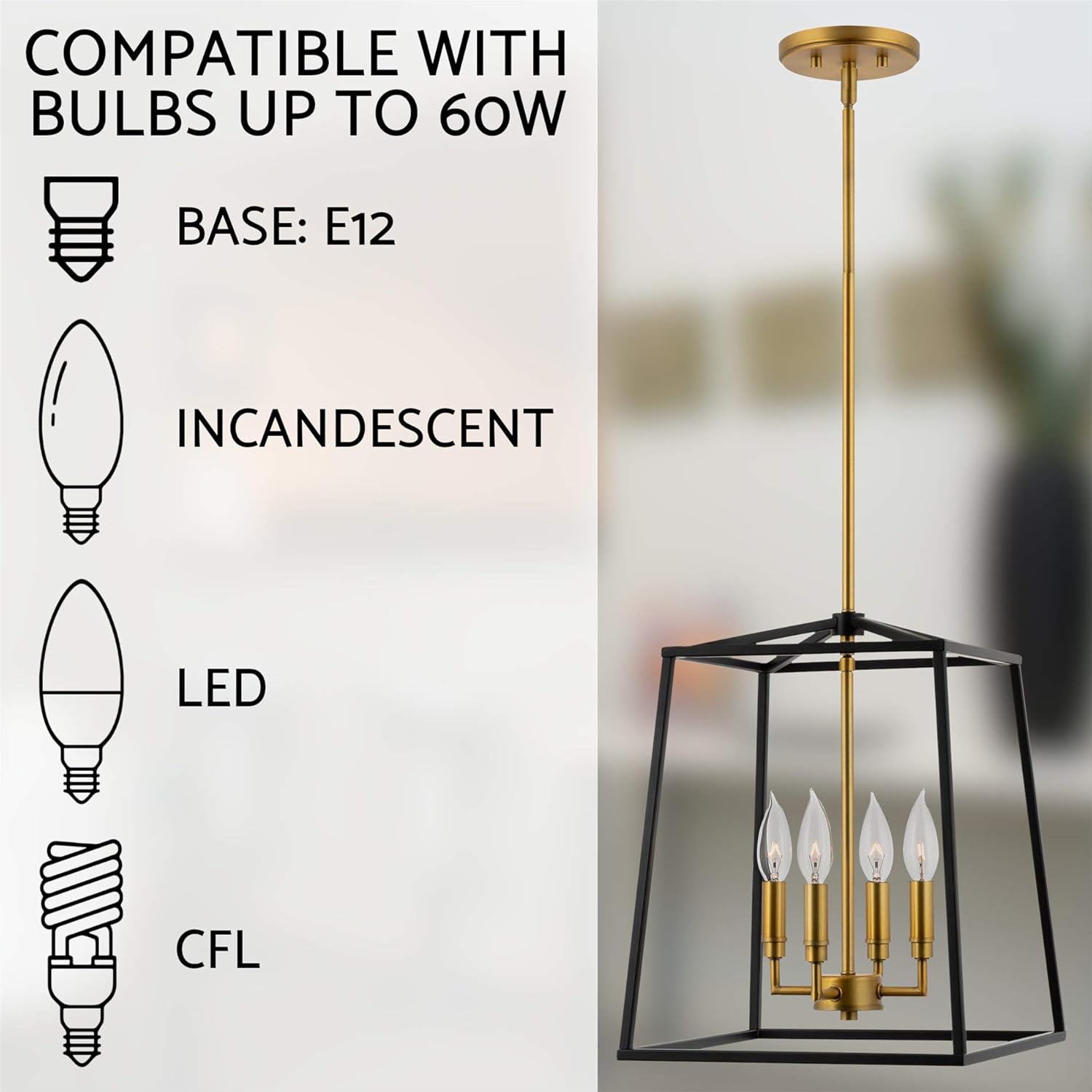 🛒 Crazy Deals Kira Home Bellevue 15.5 4-Light Modern Farmhouse Lantern Pendant Light, Adjustable Foyer Chandelier, Warm Brass Accents + Black Finish