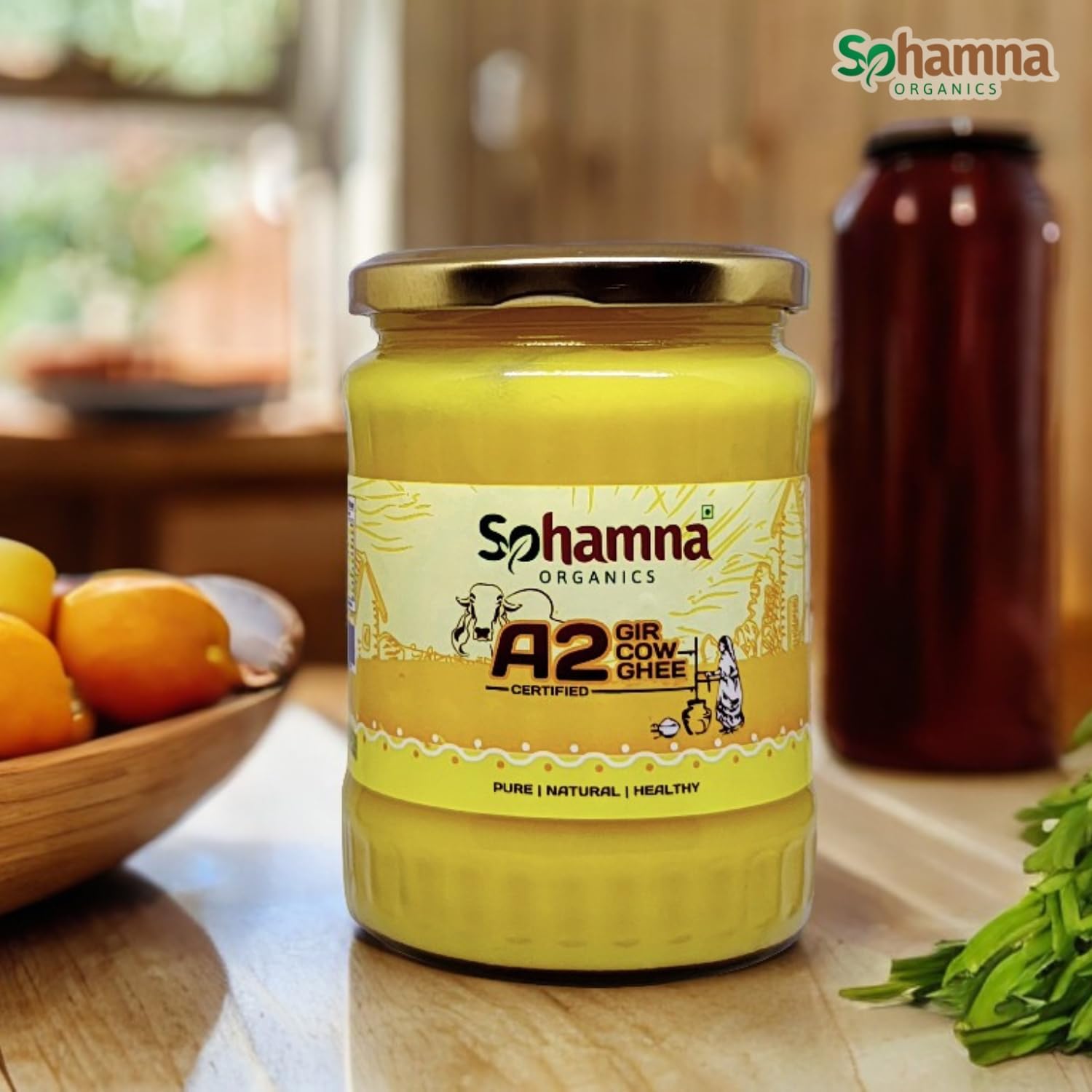 Sohamna Organics Premium A2 Gir Cow Cultured Desi Ghee 500ml | Natural Ghee | Vedic Bilona Method | Pure, Healthy, Non-GMO, Grass fed with Gut Health
