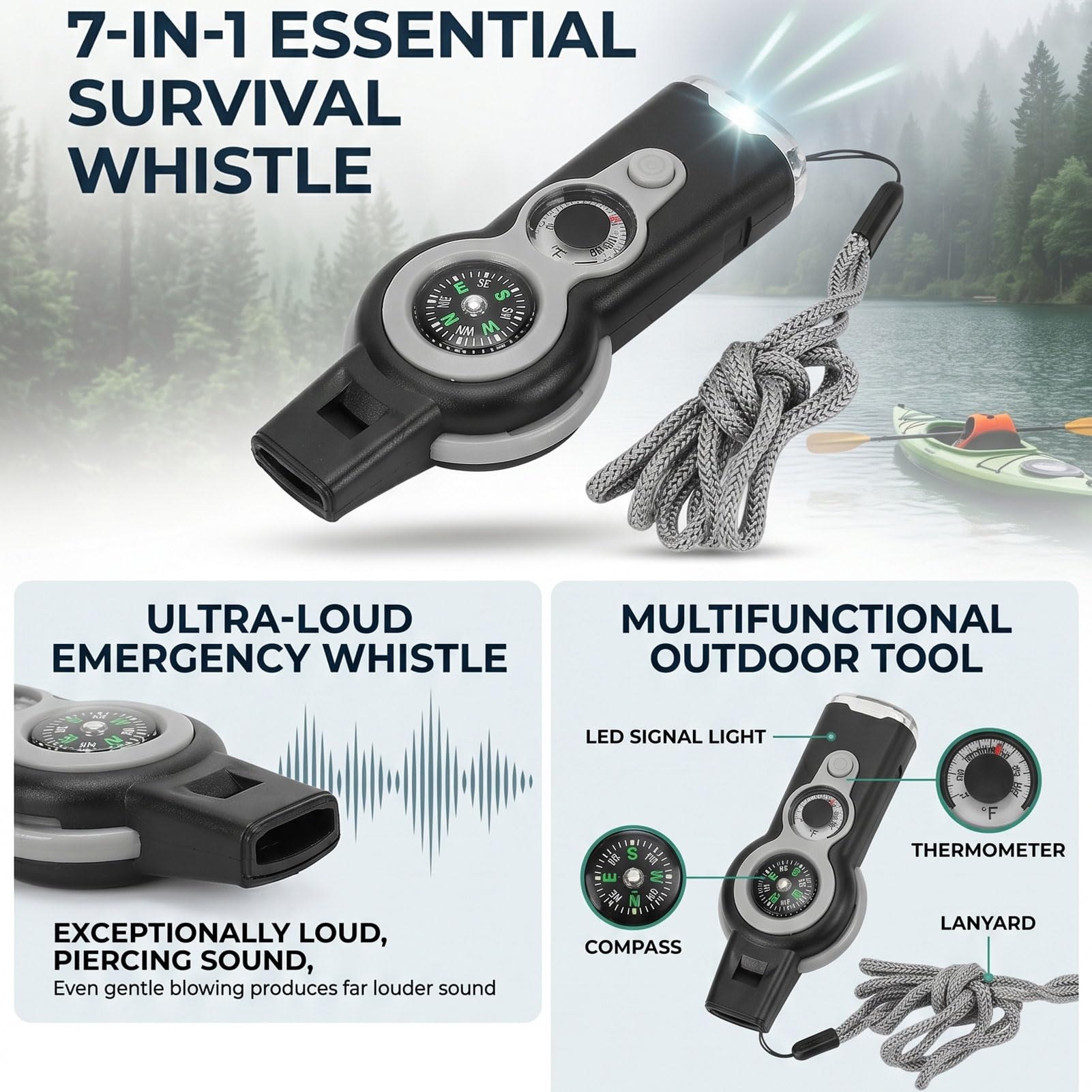 hogtnd Outil multifonction de survie 7 en 1 pour camping, randonnée, chasse, pêche, sifflet d'urgence de sécurité, sifflet avec cordon tour de cou, sifflet d'extérieur avec boussole