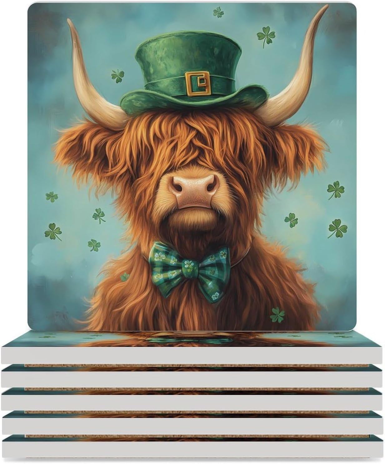 Highland Cow St Patricks Day Funny Ceramic Coasters for Drinks Absorbent Cup Holder Tabletop Protector with Cork Base