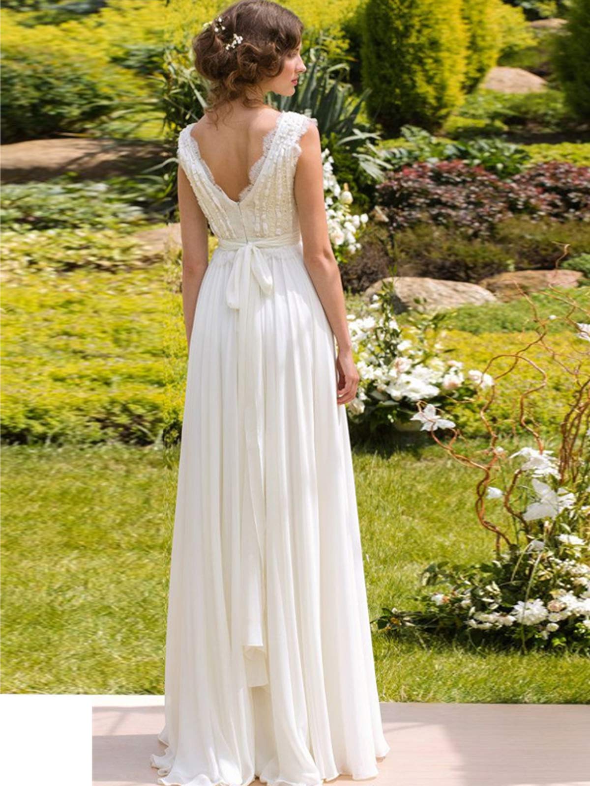 Elegante Spiaggia Scollo a V Lungo delle Donne Pizzo Chiffon a Line Abito da Sposa Ufficio Civile, Avorio, 42