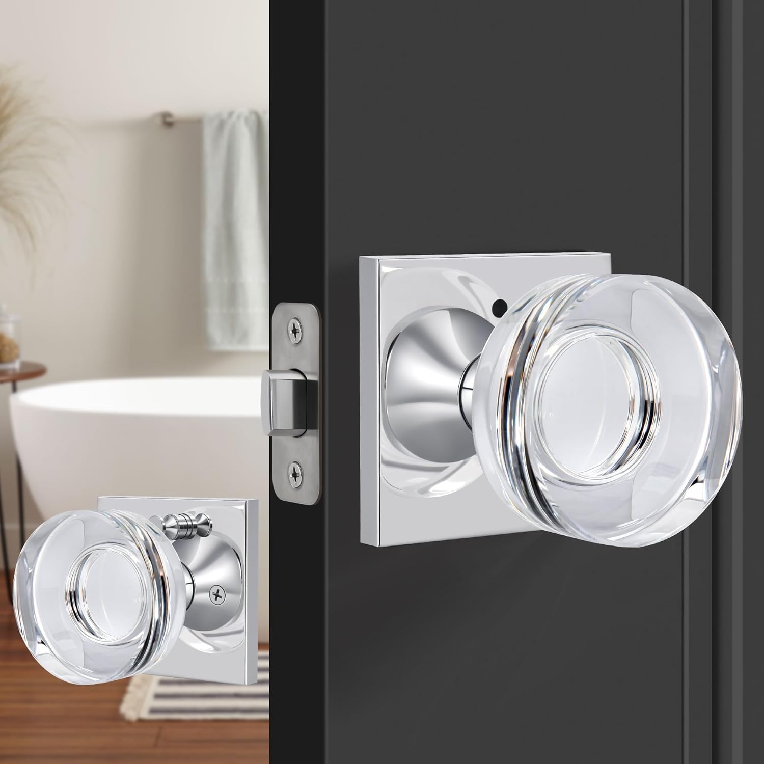 Crystal Glass Round Door Knob with Privacy Lock, Interior Chrome Plated Door Knob for Bedroom, Bathroom