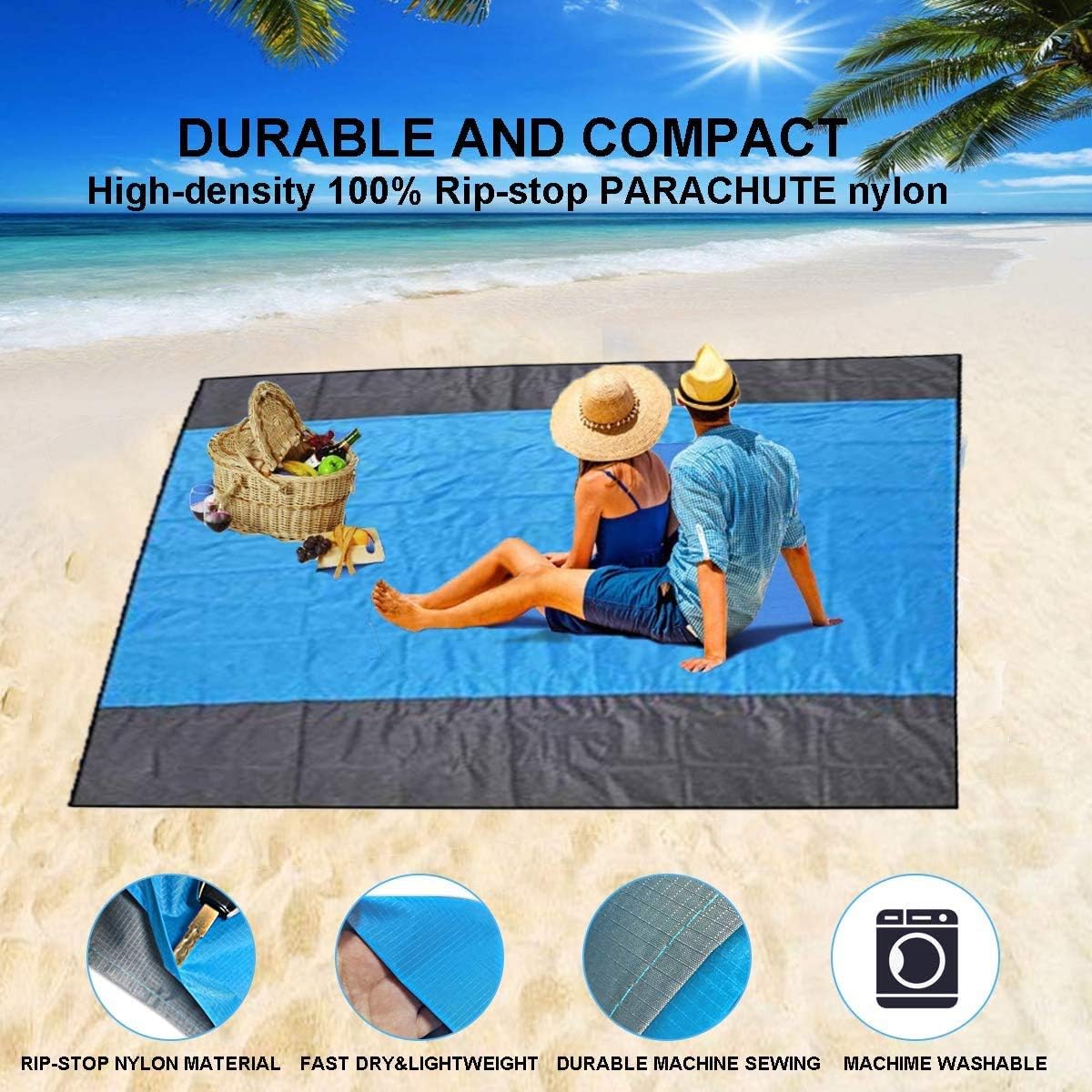 Mumu Sugar Sand Free Beach Blanket, 79''×83'' Extra Large Outdoor Picnic Blanket Waterproof Sand Proof Beach Mat for Travel, Camping, Hiking and Music Festivals (Gray-Blue-Gray)