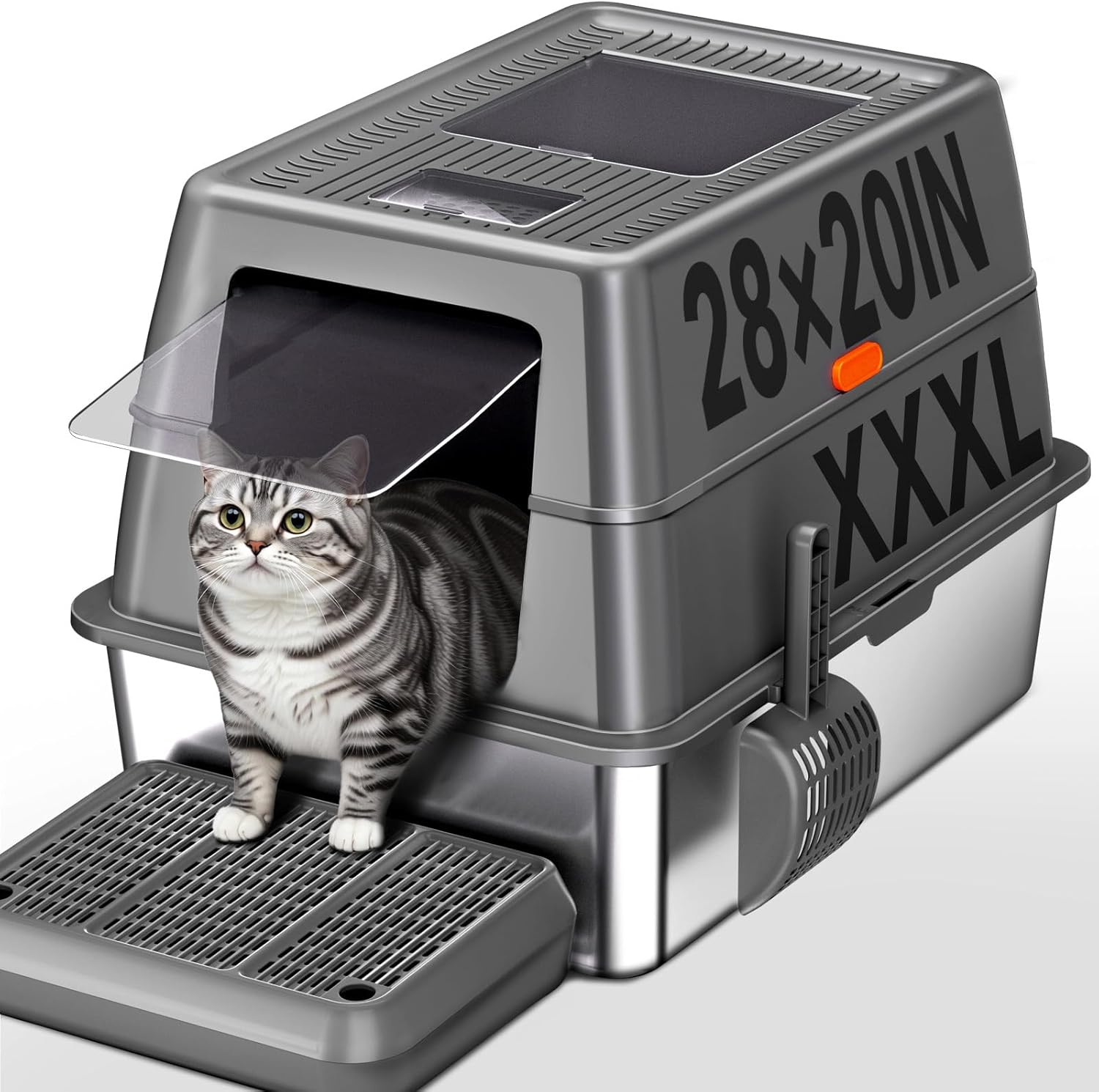 XXXL Stainless Steel Litter Box with Lid,28" L*20" W*18" H Extra Large Metal Cat Litter Boxs, Jumbo Enclosed Litter Box for Big Cats and Multi-Cat Households,Non-Sticky, Anti-Leakage, Easy to Clean