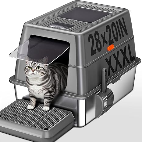 XXXL Stainless Steel Litter Box with Lid,28" L*20" W*18" H Extra Large Metal Cat Litter Boxs, Jumbo Enclosed Litter Box for Big Cats and Multi-Cat Households,Non-Sticky, Anti-Leakage, Easy to Clean
