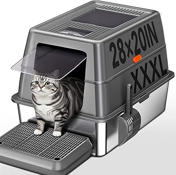 XXXL Stainless Steel Litter Box with Lid,28" L*20" W*18" H Extra Large Metal Cat Litter Boxs, Jumbo Enclosed Litter Box for Big Cats and Multi-Cat Households,Non-Sticky, Anti-Leakage, Easy to Clean