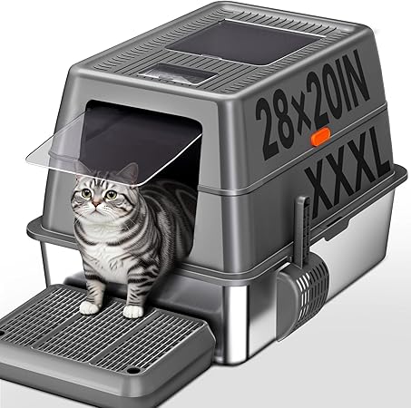 XXXL Stainless Steel Litter Box with Lid,28" L*20" W*18" H Extra Large Metal Cat Litter Boxs, Jumbo Enclosed Litter Box for Big Cats and Multi-Cat Households,Non-Sticky, Anti-Leakage, Easy to Clean