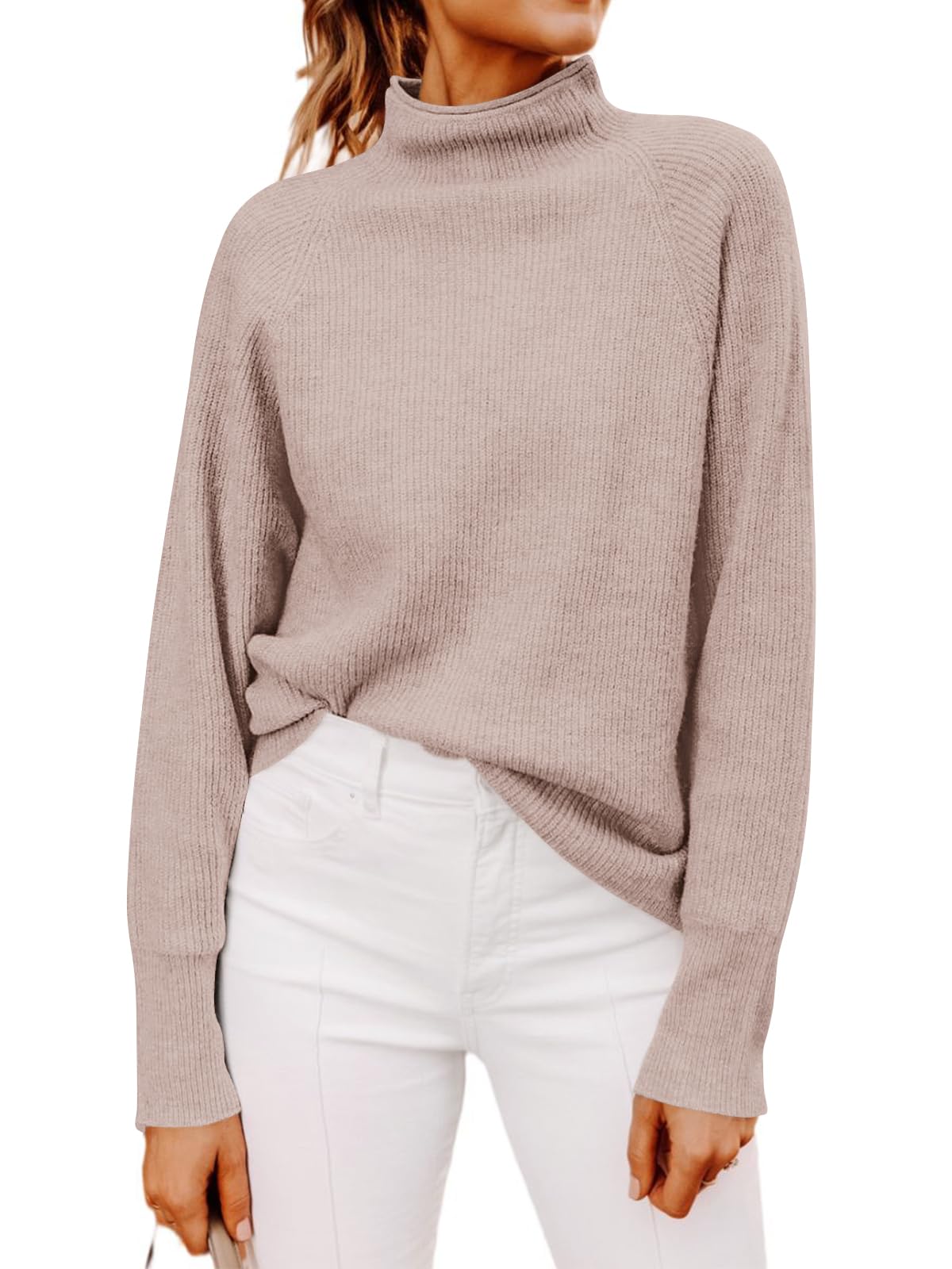 Yousify Womens Ribbed Mock Neck Batwing Sleeve Sweater Loose Knitted Pullover Sweaters Jumper Tops