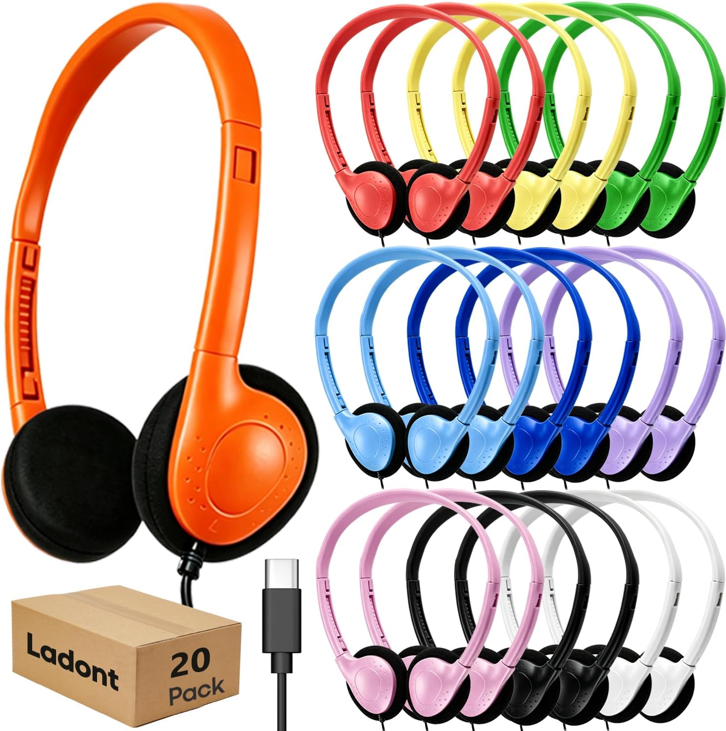 Kids Bulk Headphones for Classroom School Chromebook 20 Pack USB C