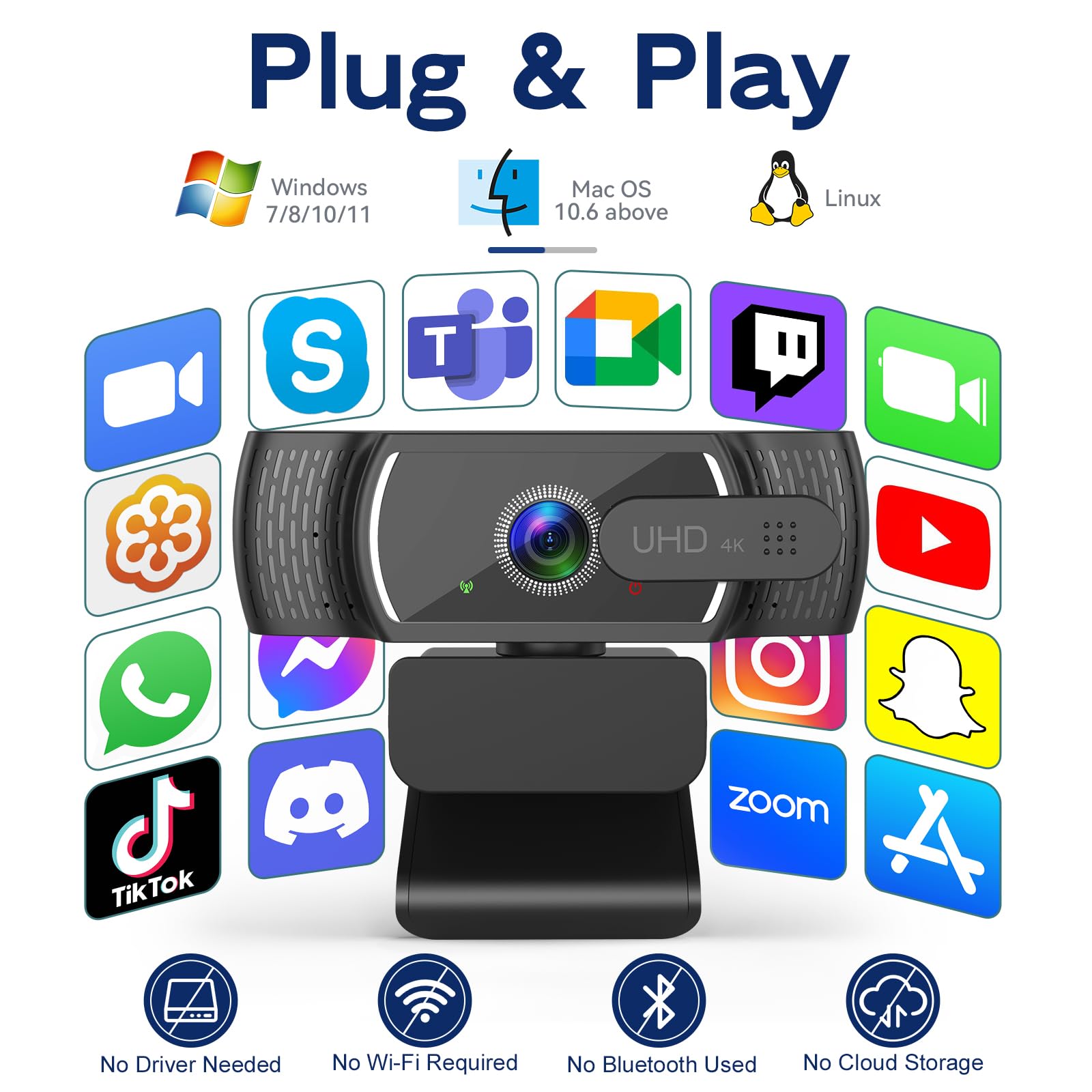 Webcam 4K pour PC et Mac, petite caméra de streaming USB avec autofocus PDAF, double microphones omnidirectionnels antibruit, correction automatique de faible luminosité, fonctionne avec zoom, équipes